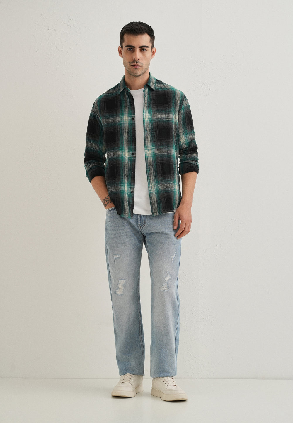 Dark Green Cotton Linen Check Shirt