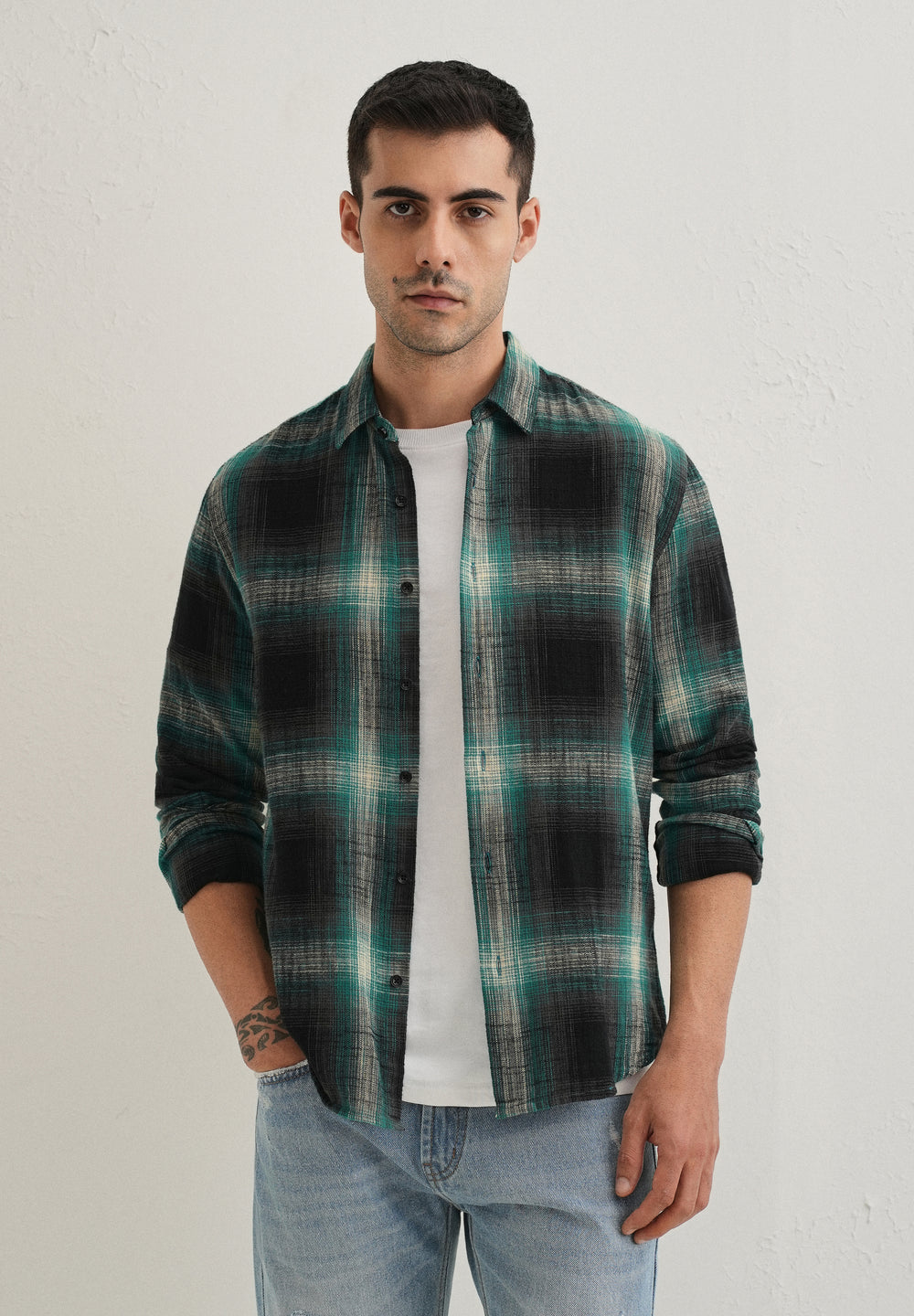 Dark Green Cotton Linen Check Shirt