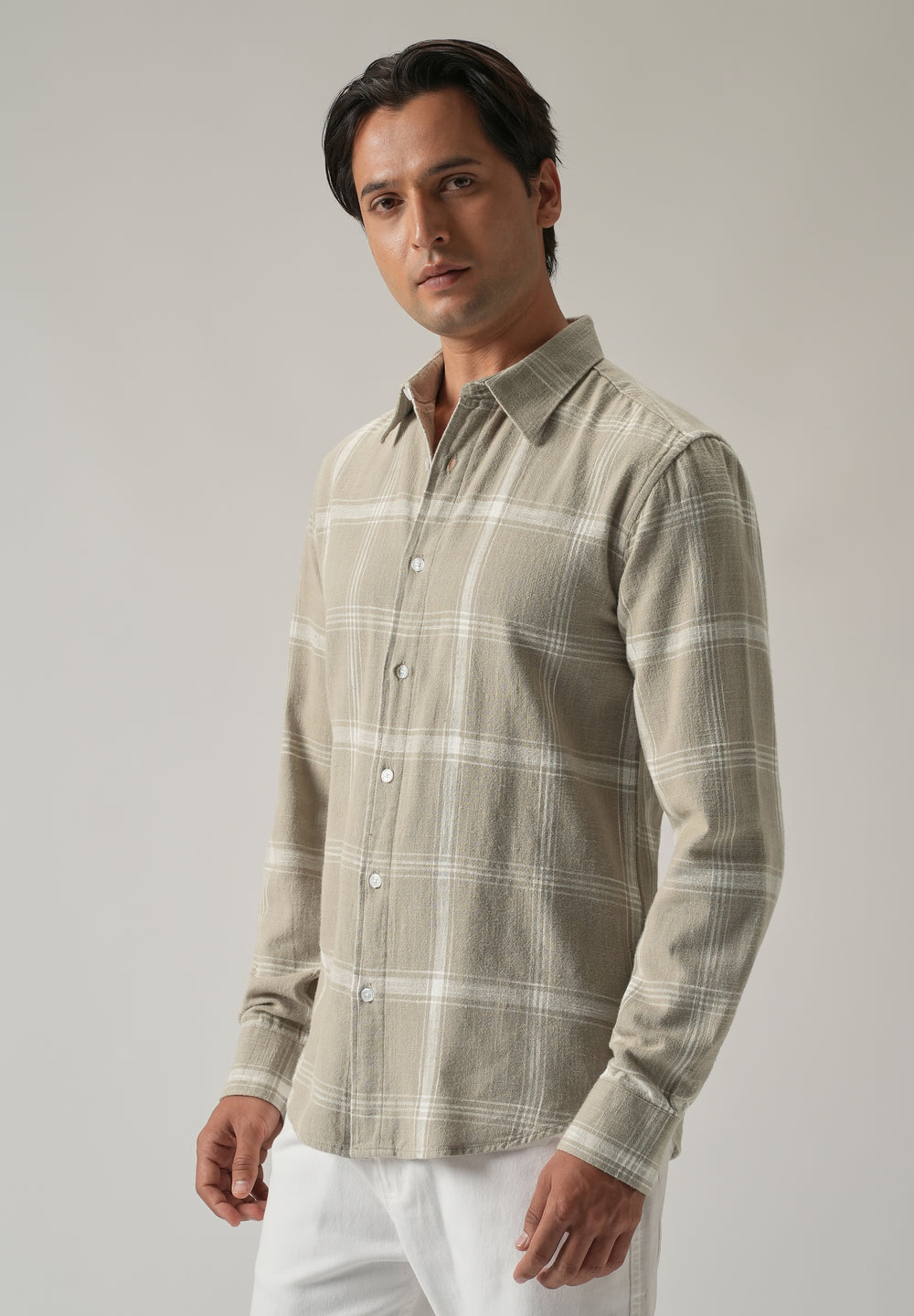 Green Cotton Linen Check shirt