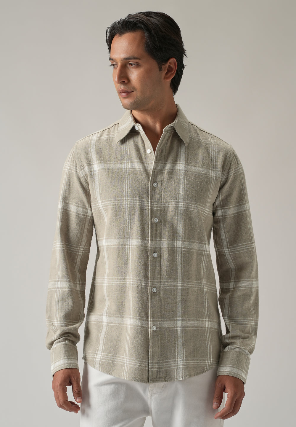 Green Cotton Linen Check shirt