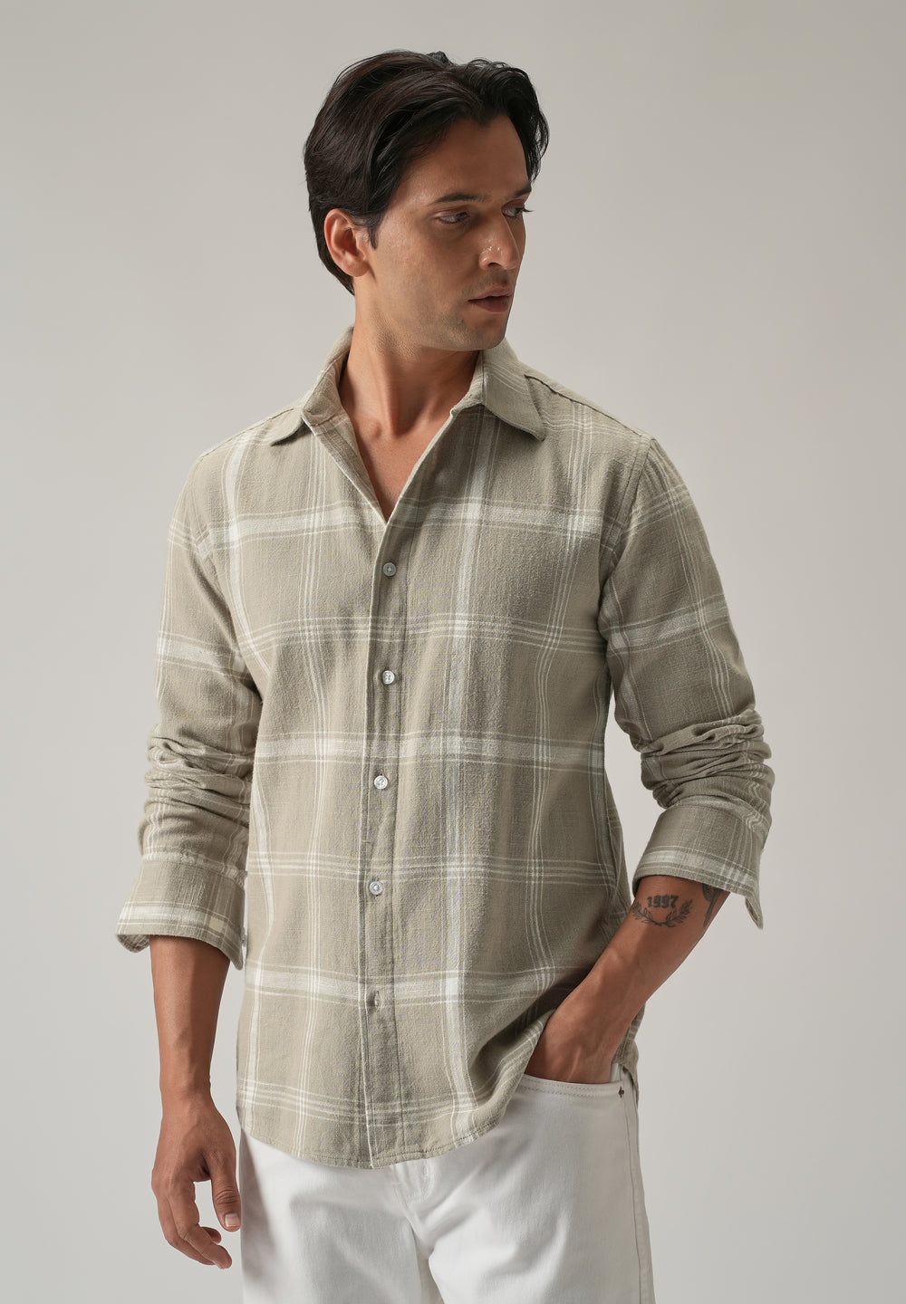 Green Cotton Linen Check shirt