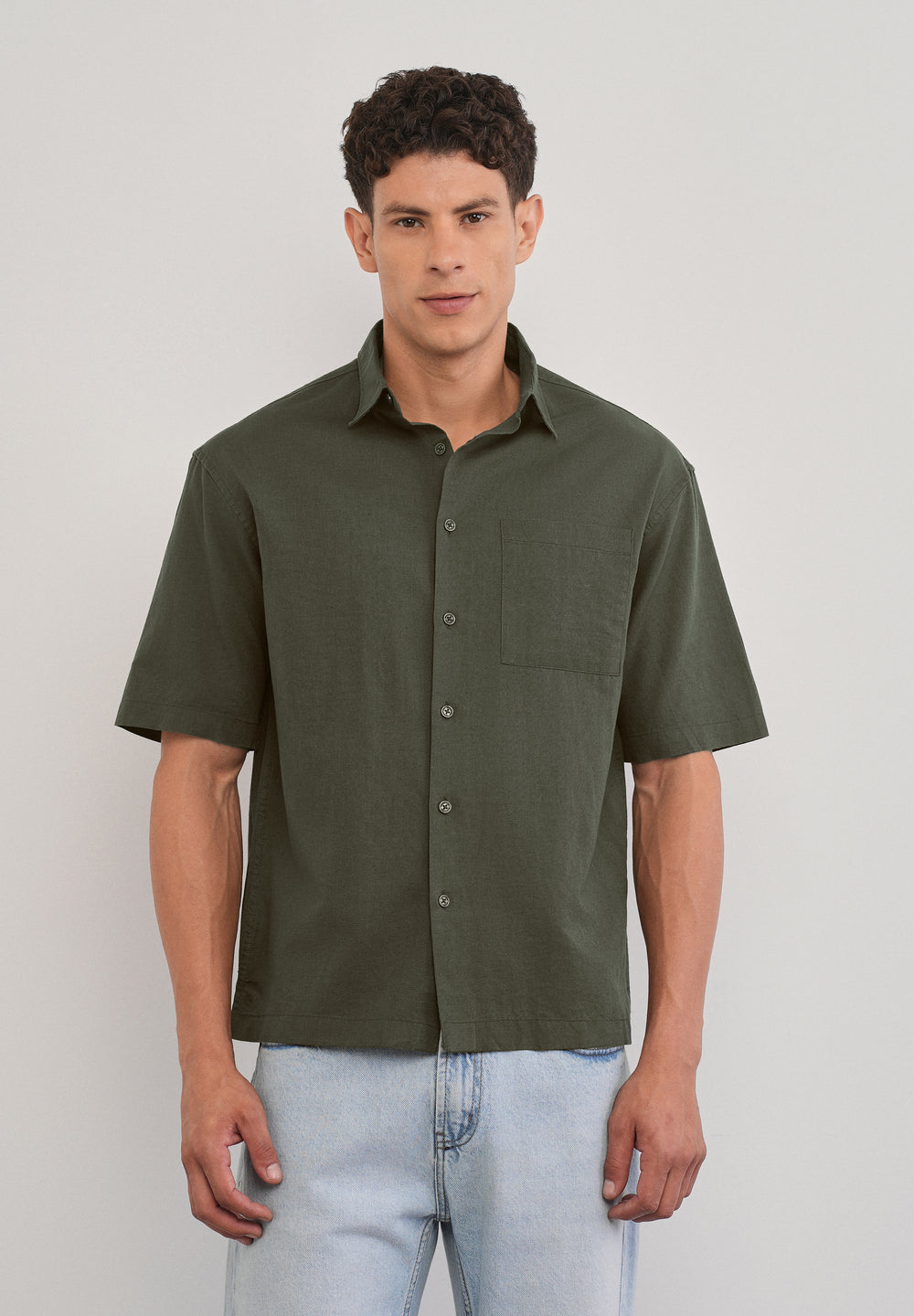 Green Cotton Linen Half Sleeve Shirt