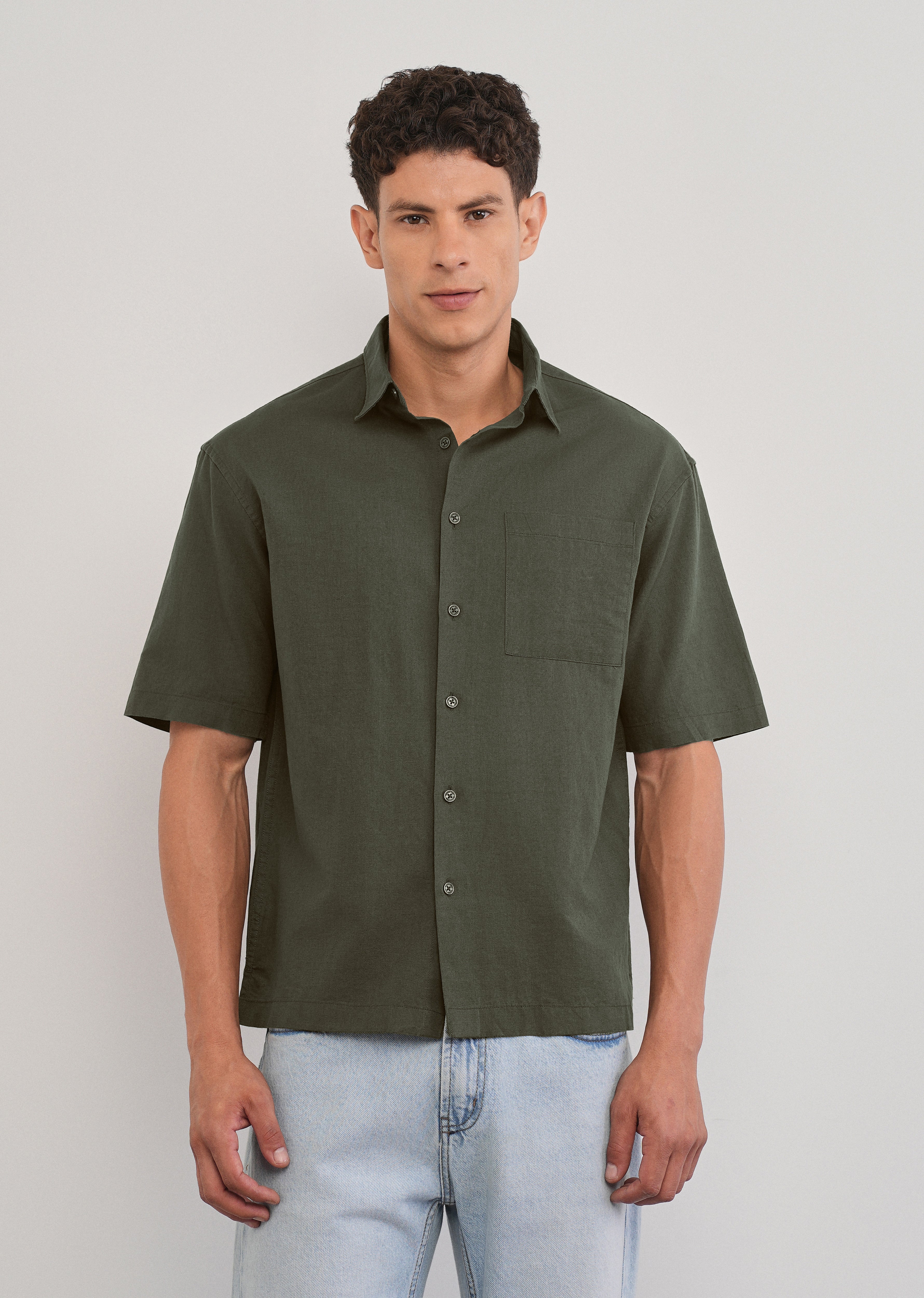 Green Cotton Linen Half Sleeve Shirt