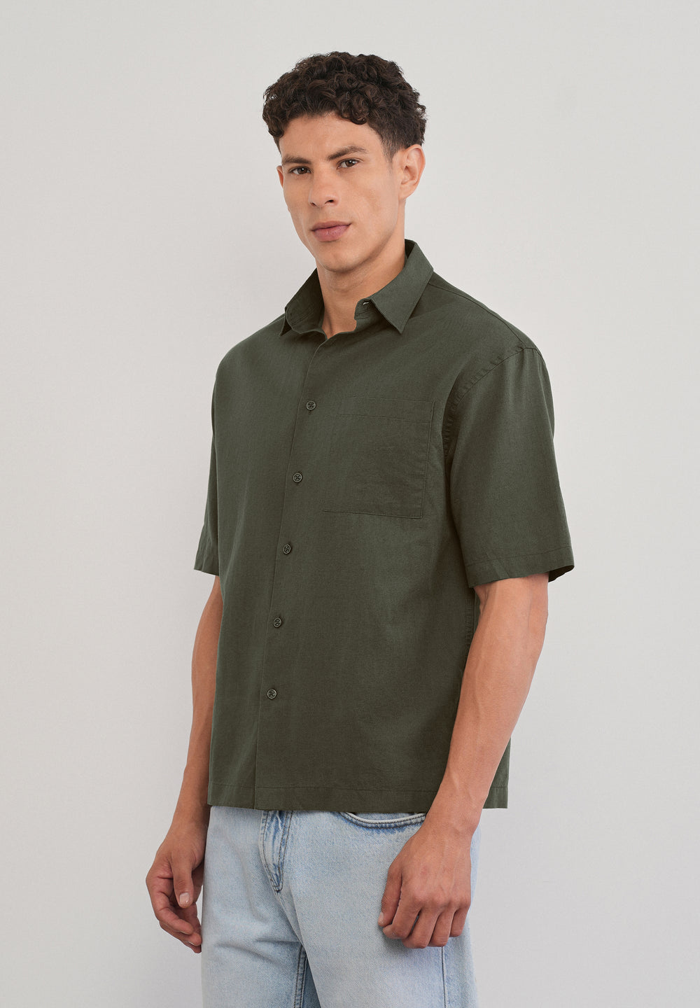 Green Cotton Linen Half Sleeve Shirt
