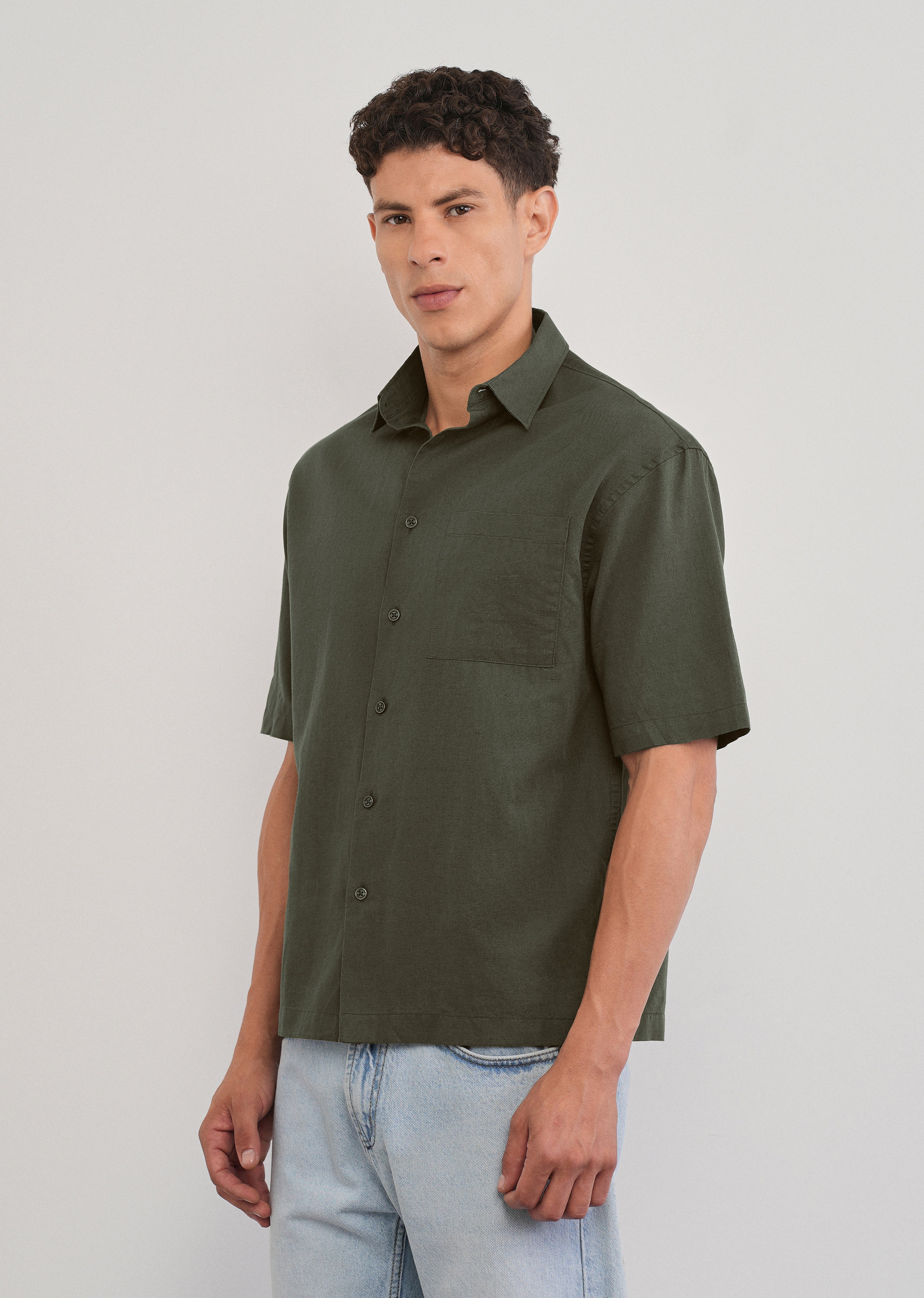 Green Cotton Linen Half Sleeve Shirt