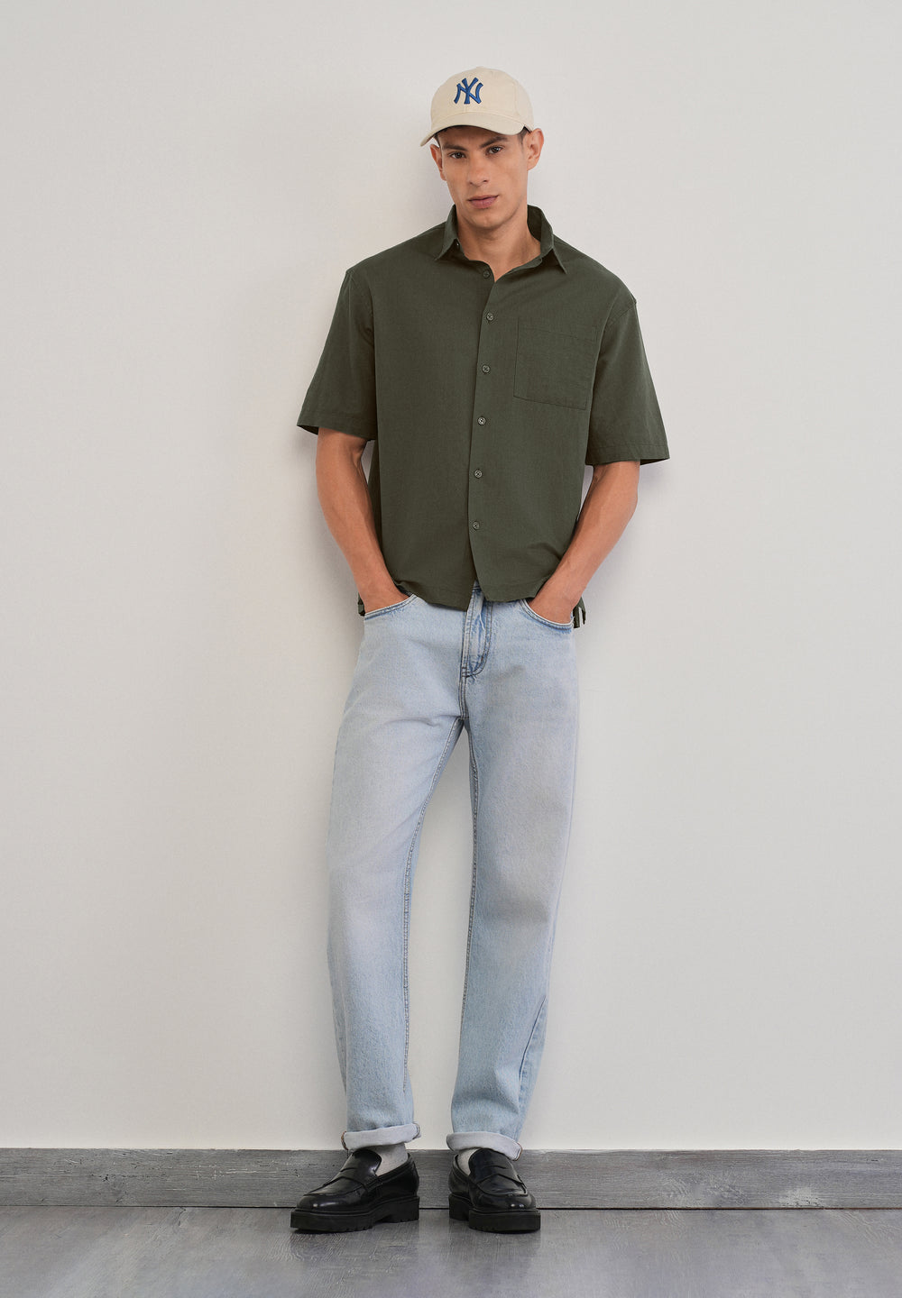 Green Cotton Linen Half Sleeve Shirt
