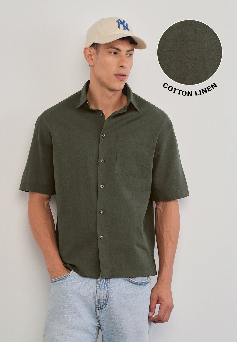 Green Cotton Linen Half Sleeve Shirt