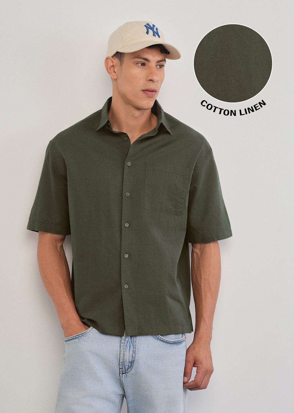 Green Cotton Linen Half Sleeve Shirt