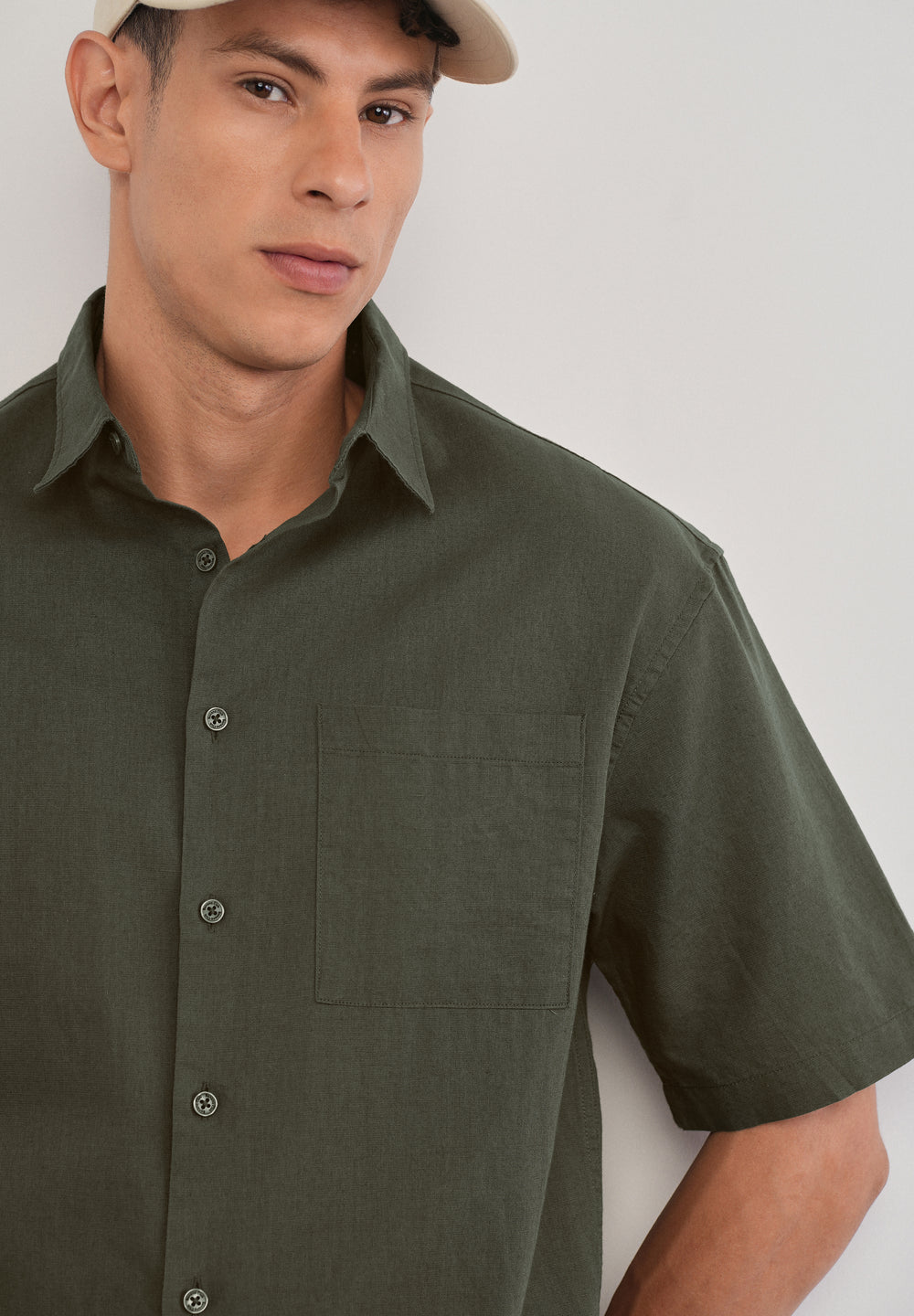 Green Cotton Linen Half Sleeve Shirt