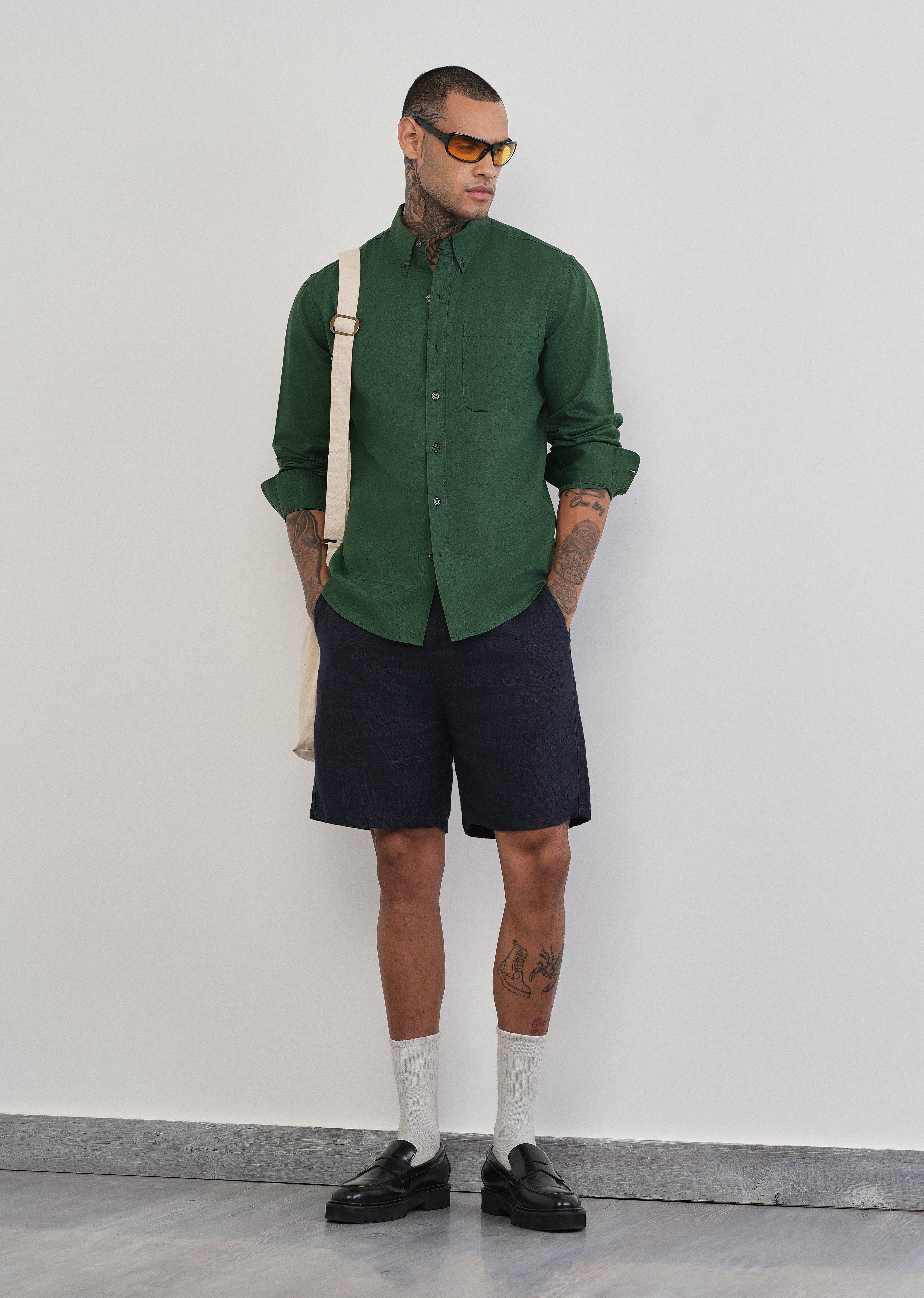 Green Cotton Linen Plain Shirt