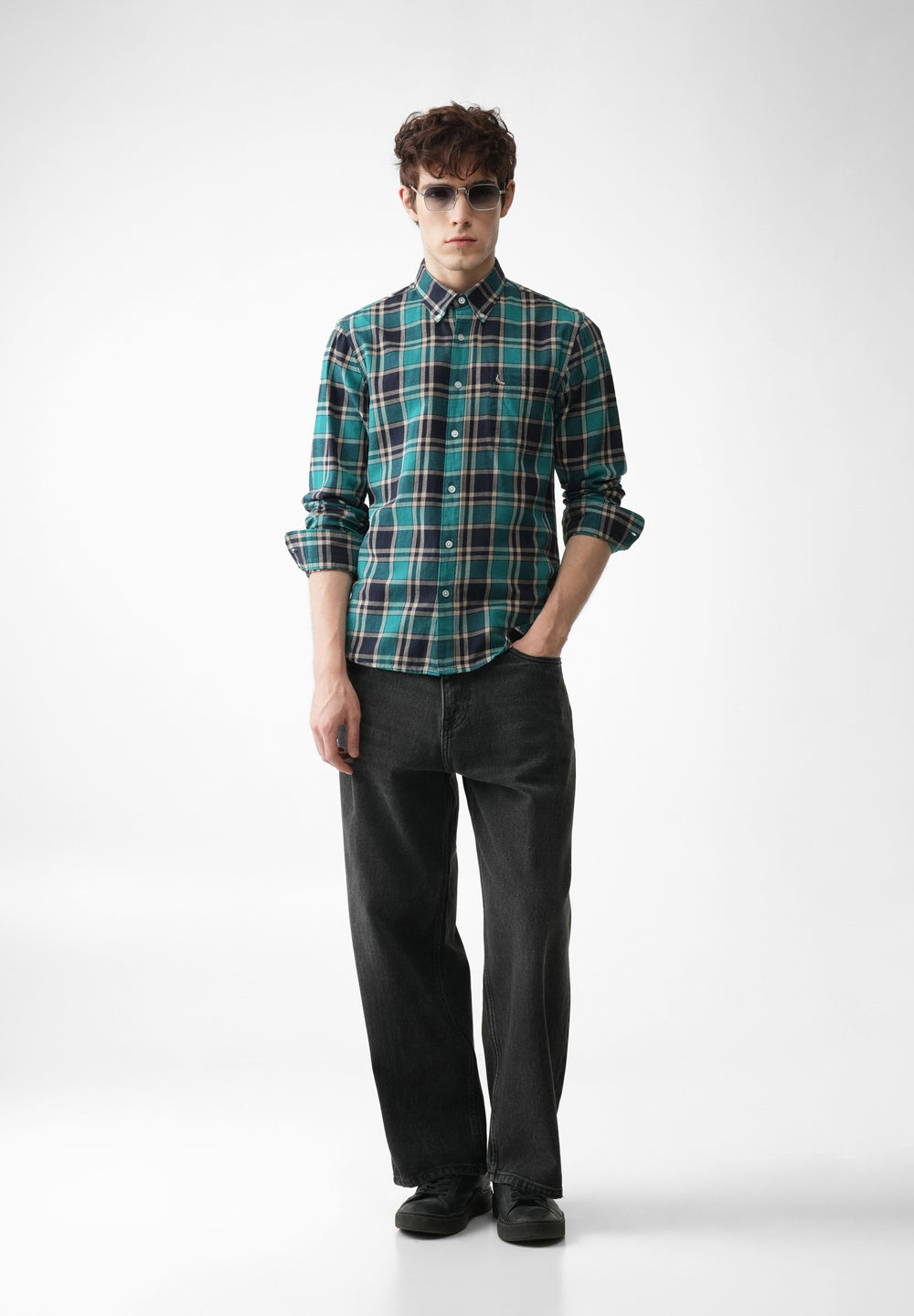 Green Cotton Plaid Check Shirt