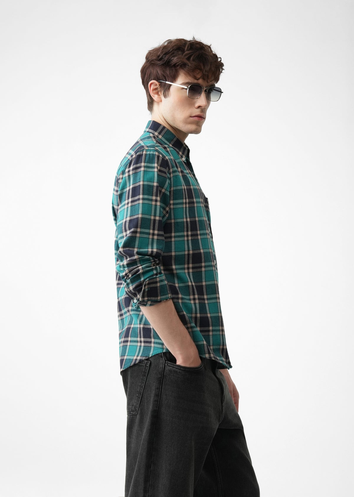 Green Cotton Plaid Check Shirt