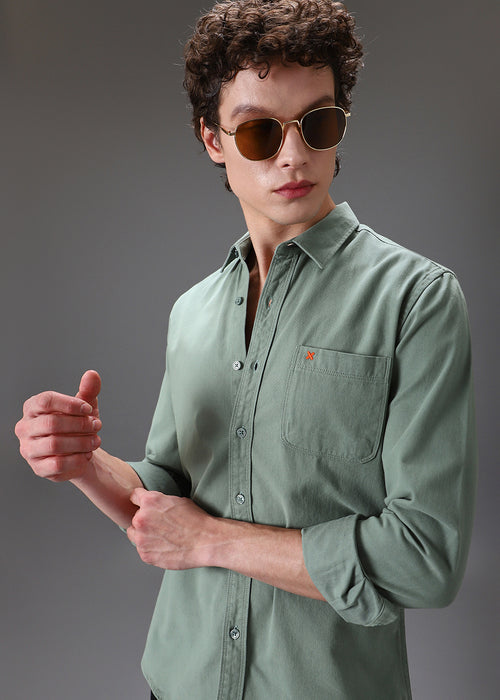 Green Cotton Single Pocket Shirt