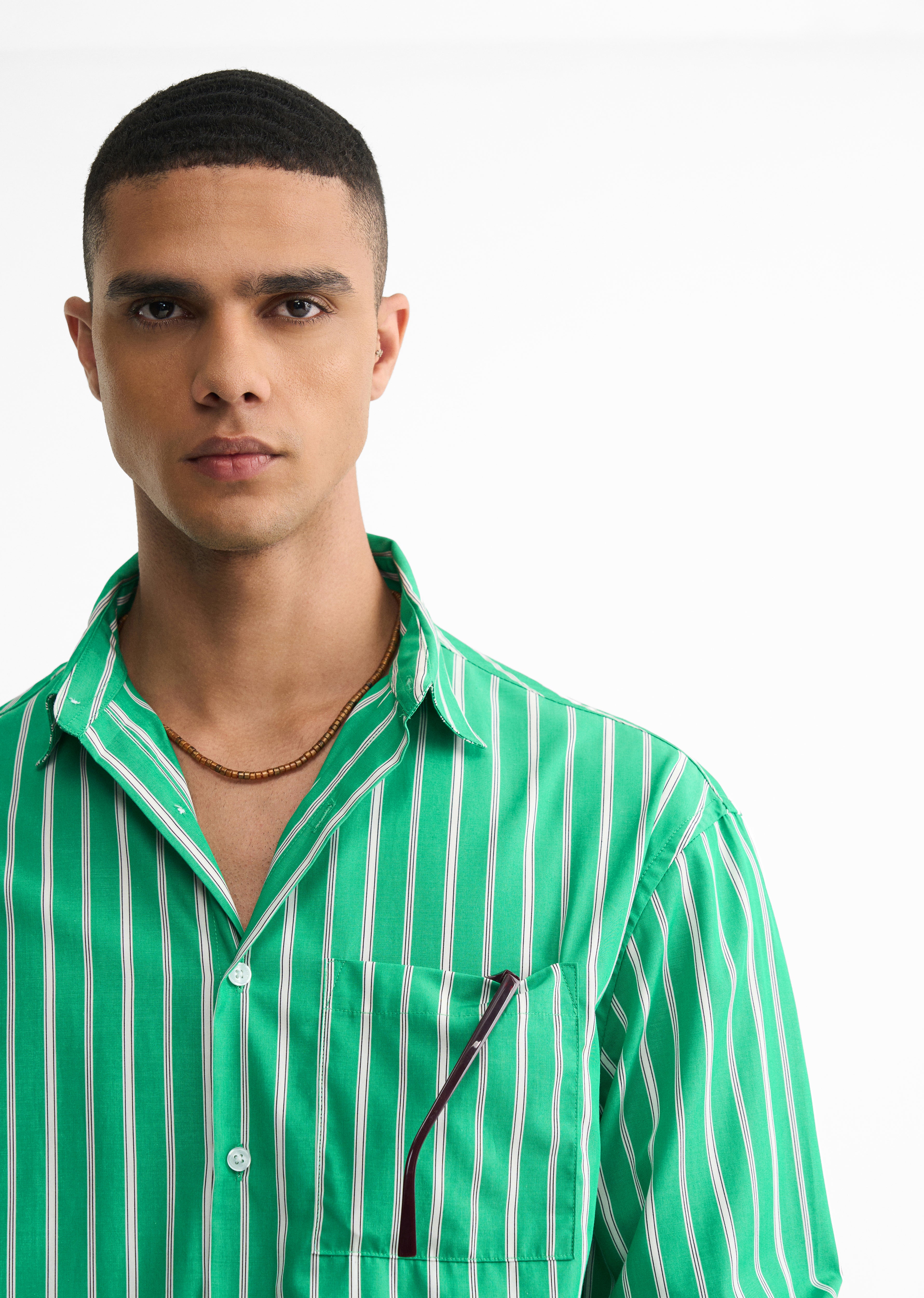 Green Cotton Striped Boxy Shirt