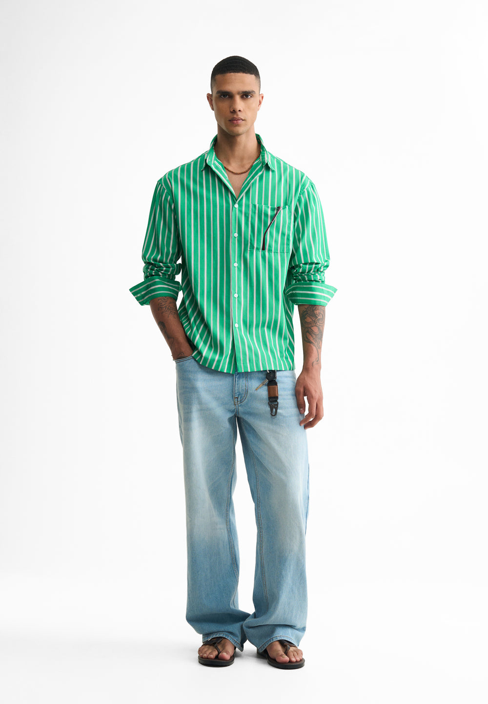 Green Cotton Striped Boxy Shirt