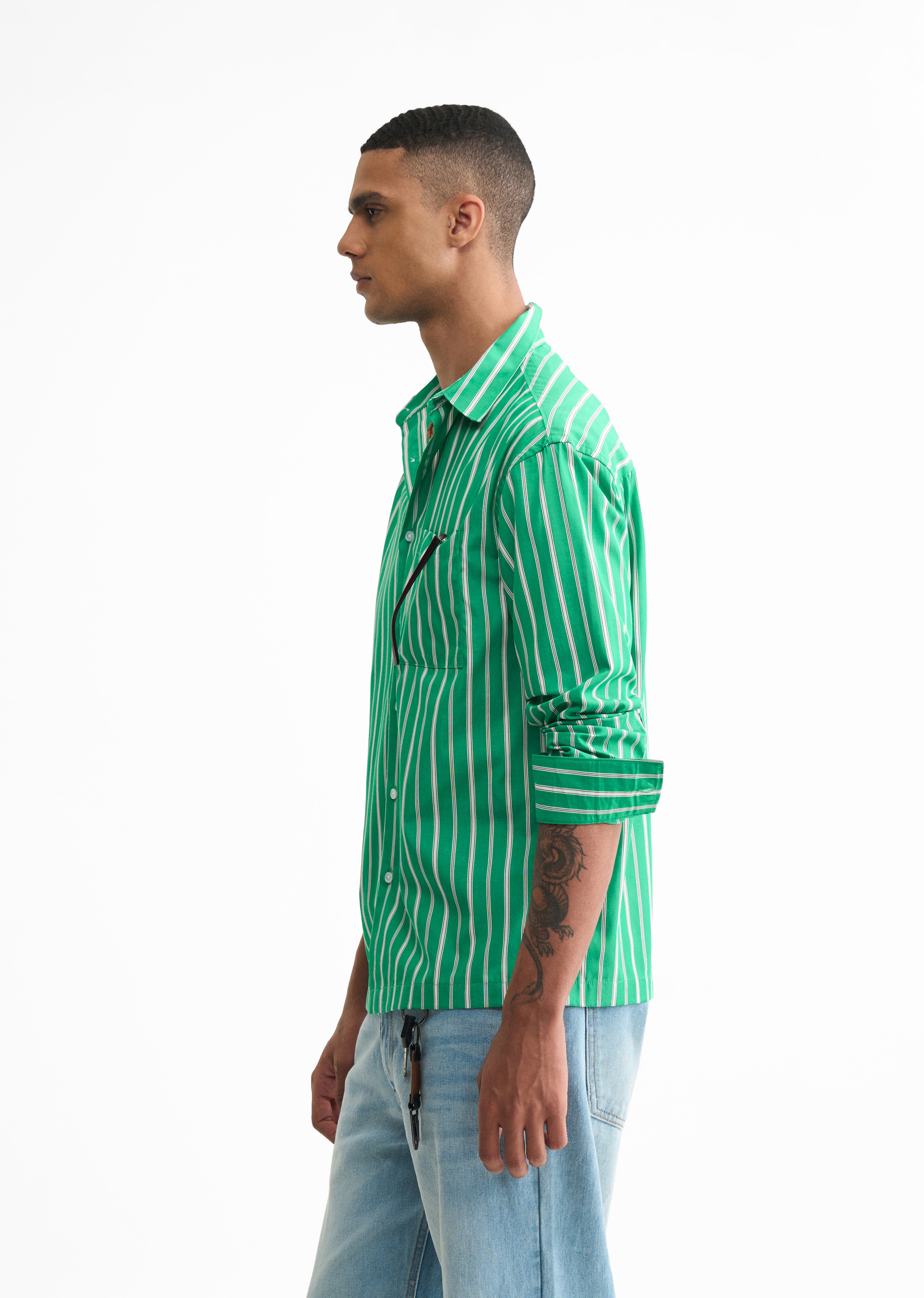 Green Cotton Striped Boxy Shirt