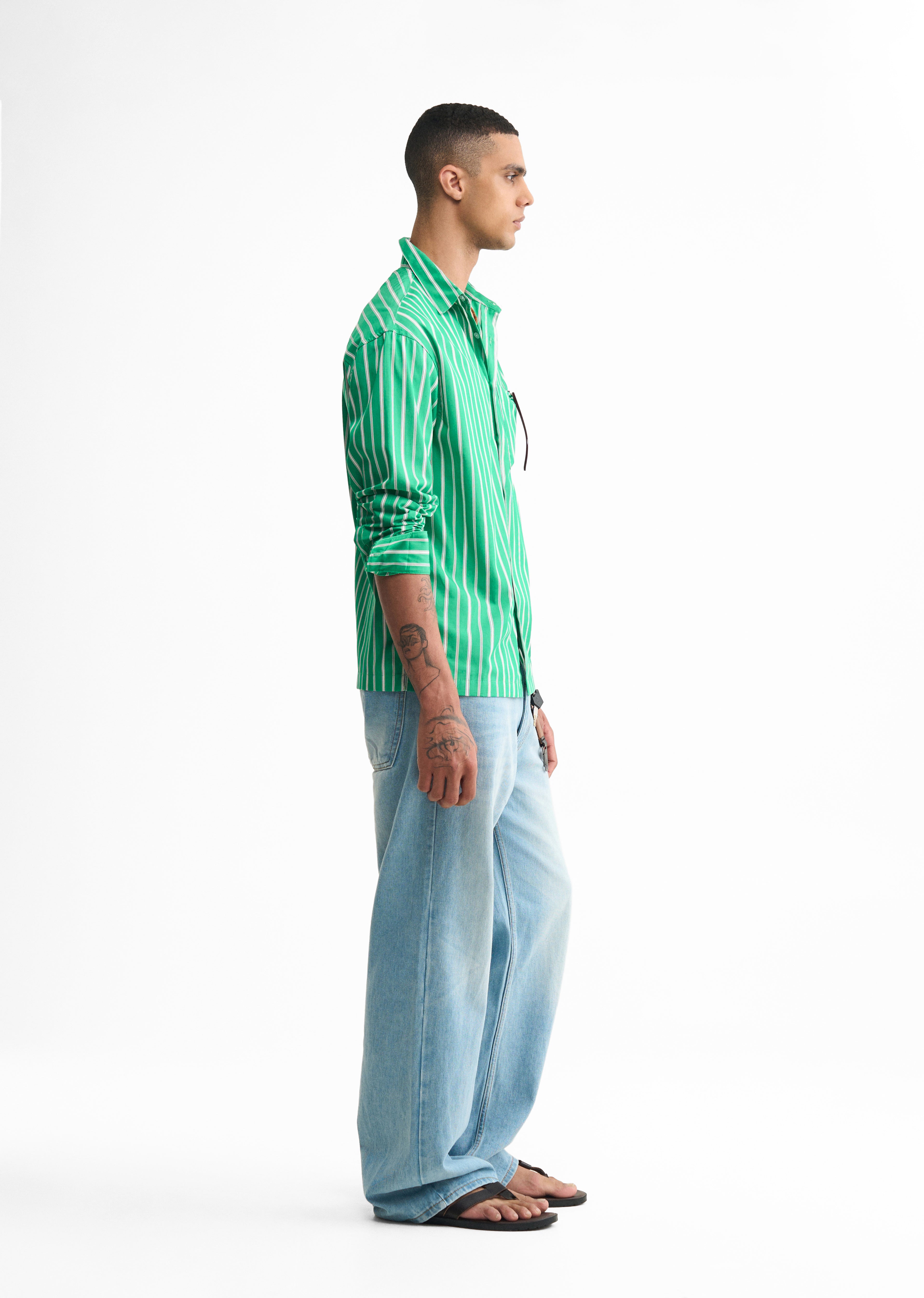 Green Cotton Striped Boxy Shirt