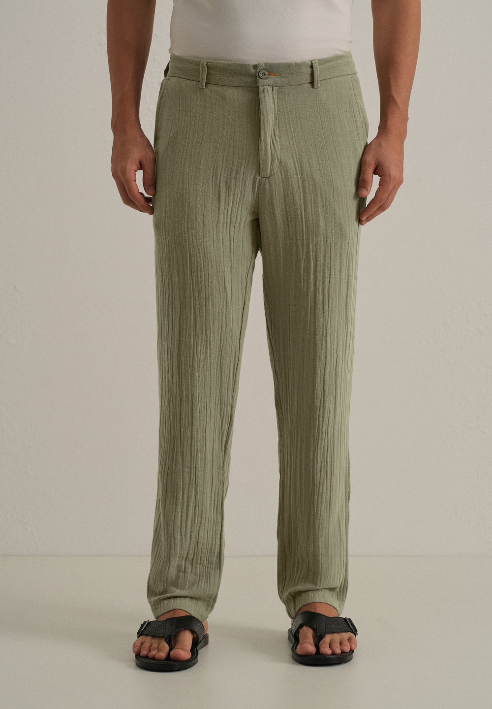 Green Crinkled Cotton Trouser
