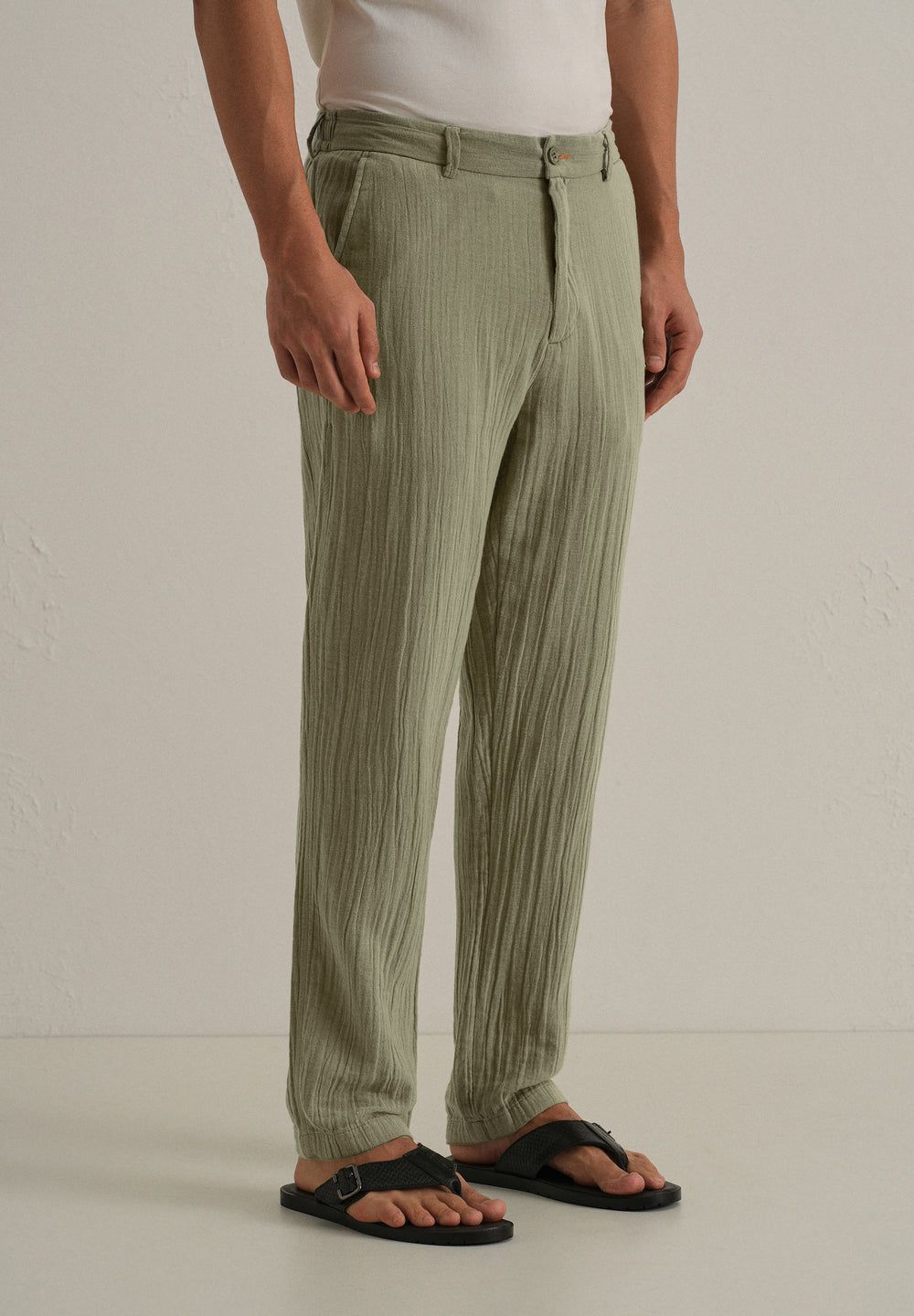 Green Crinkled Cotton Trouser