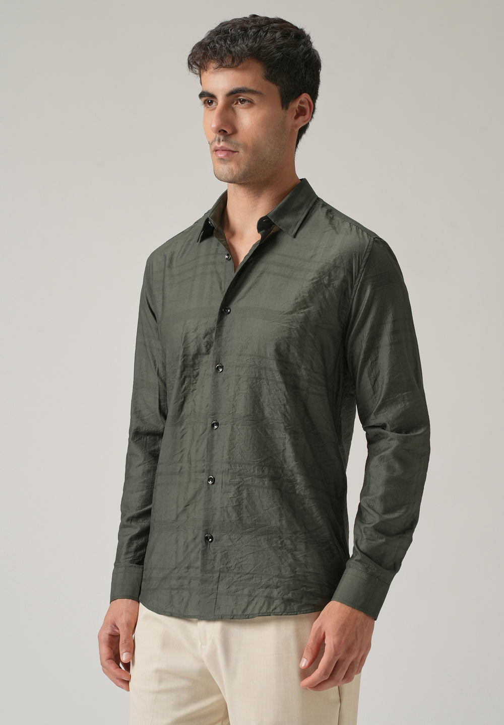 Green Crinkled Self Stripe Shirt