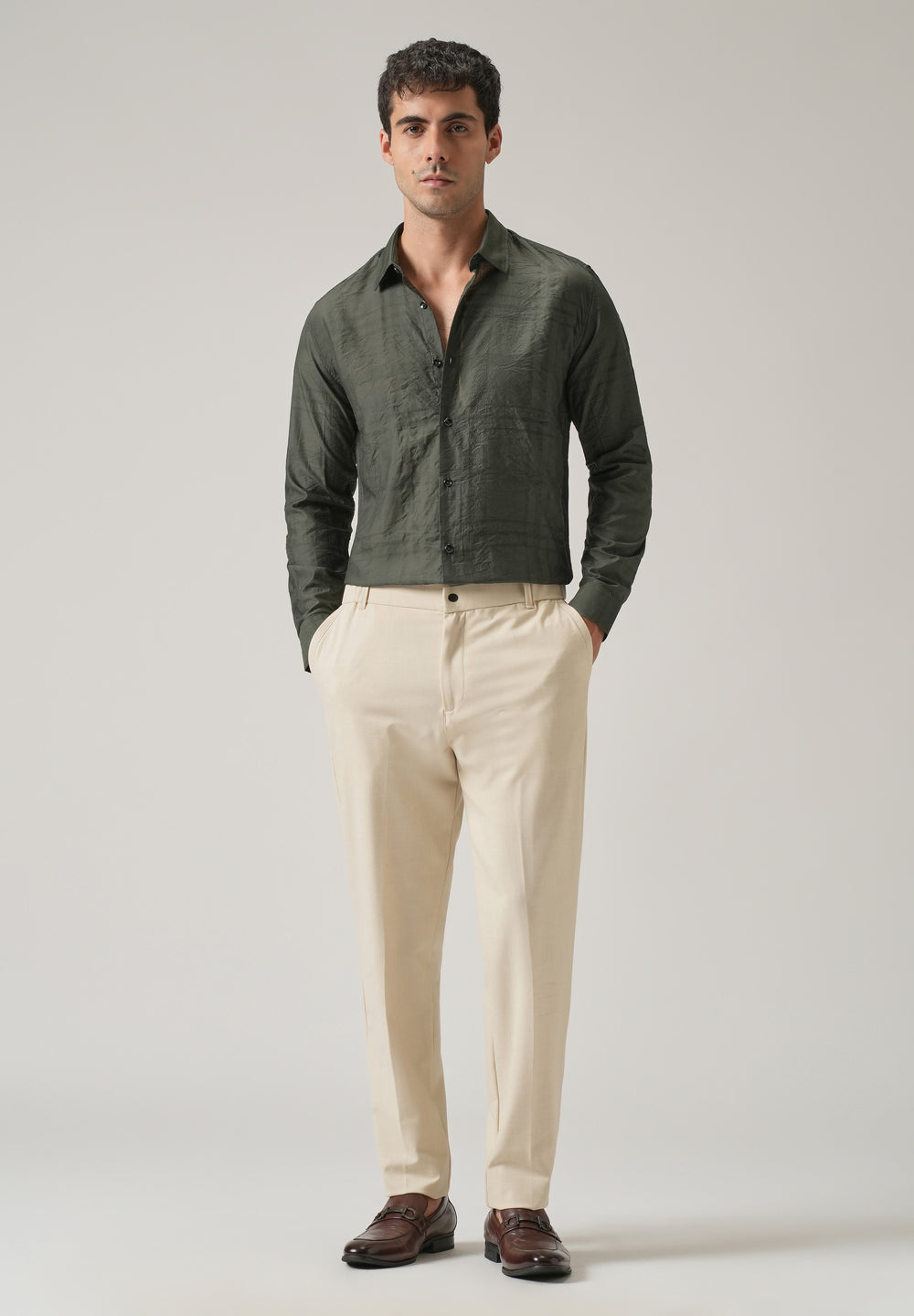 Green Crinkled Self Stripe Shirt