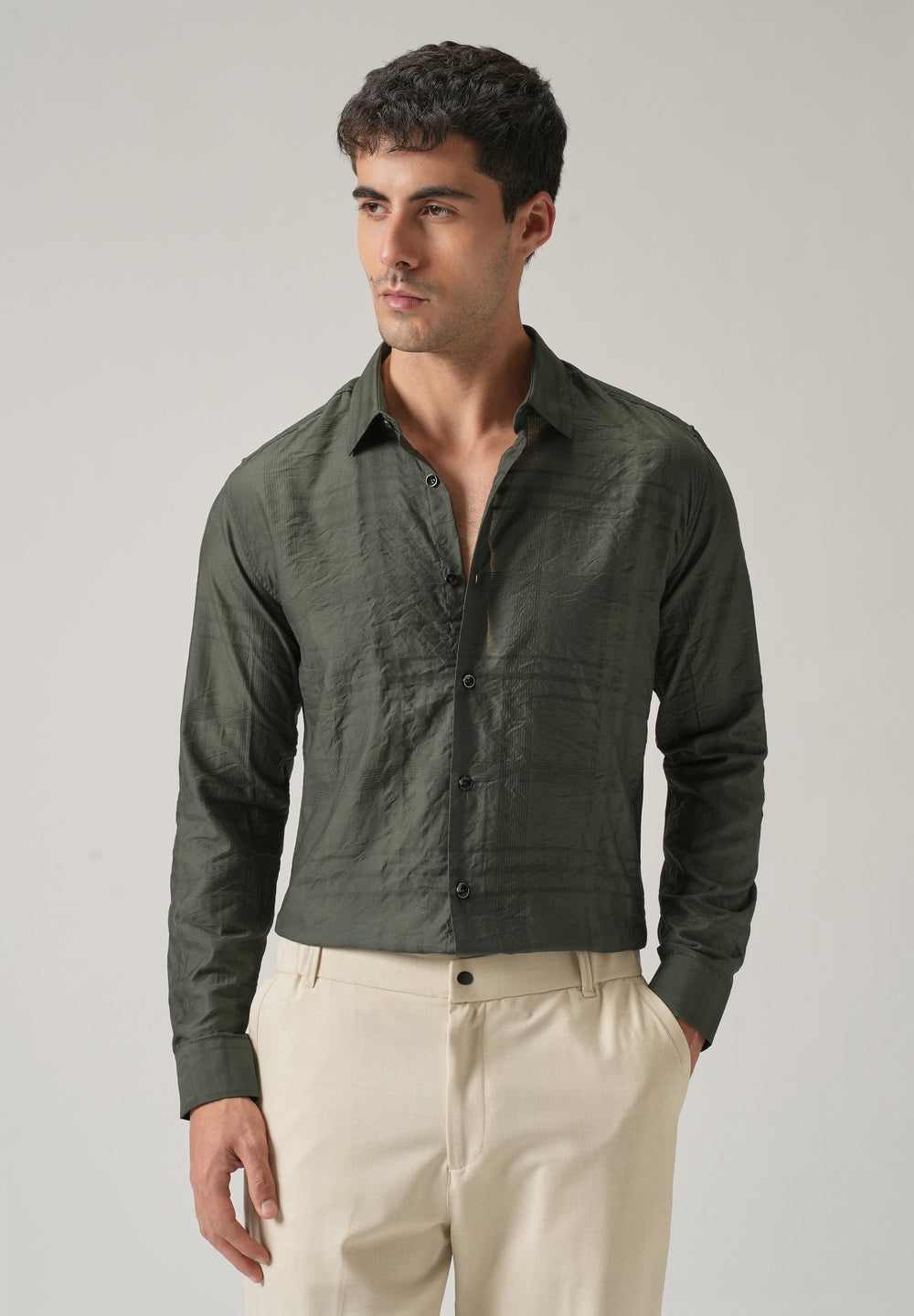 Green Crinkled Self Stripe Shirt