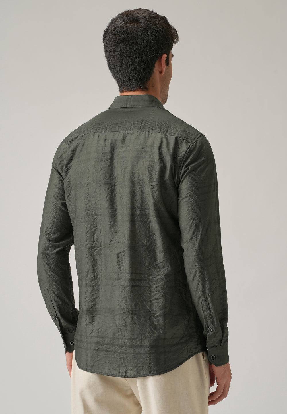 Green Crinkled Self Stripe Shirt