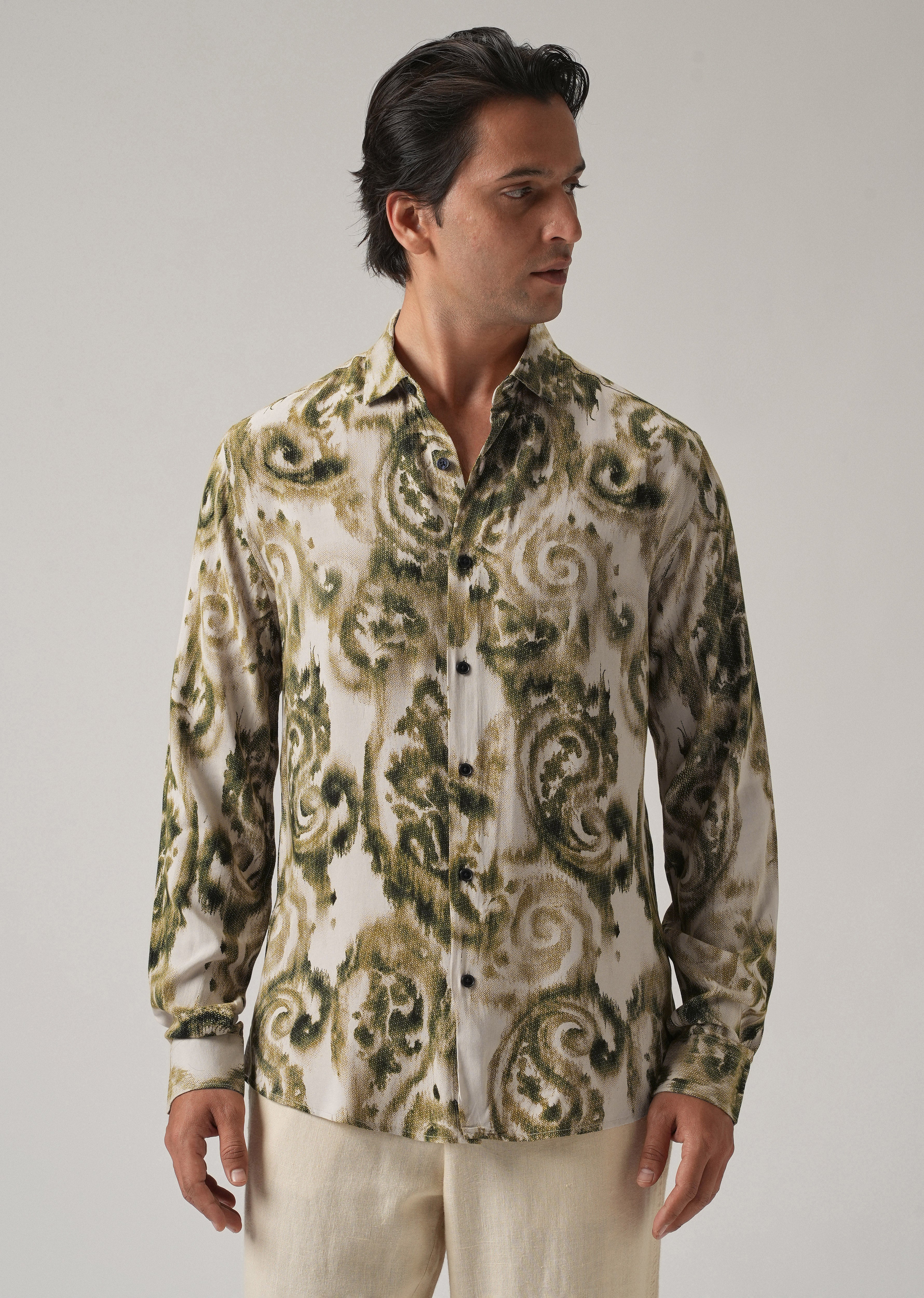 Green Distort Paisley Print Feather Shirt