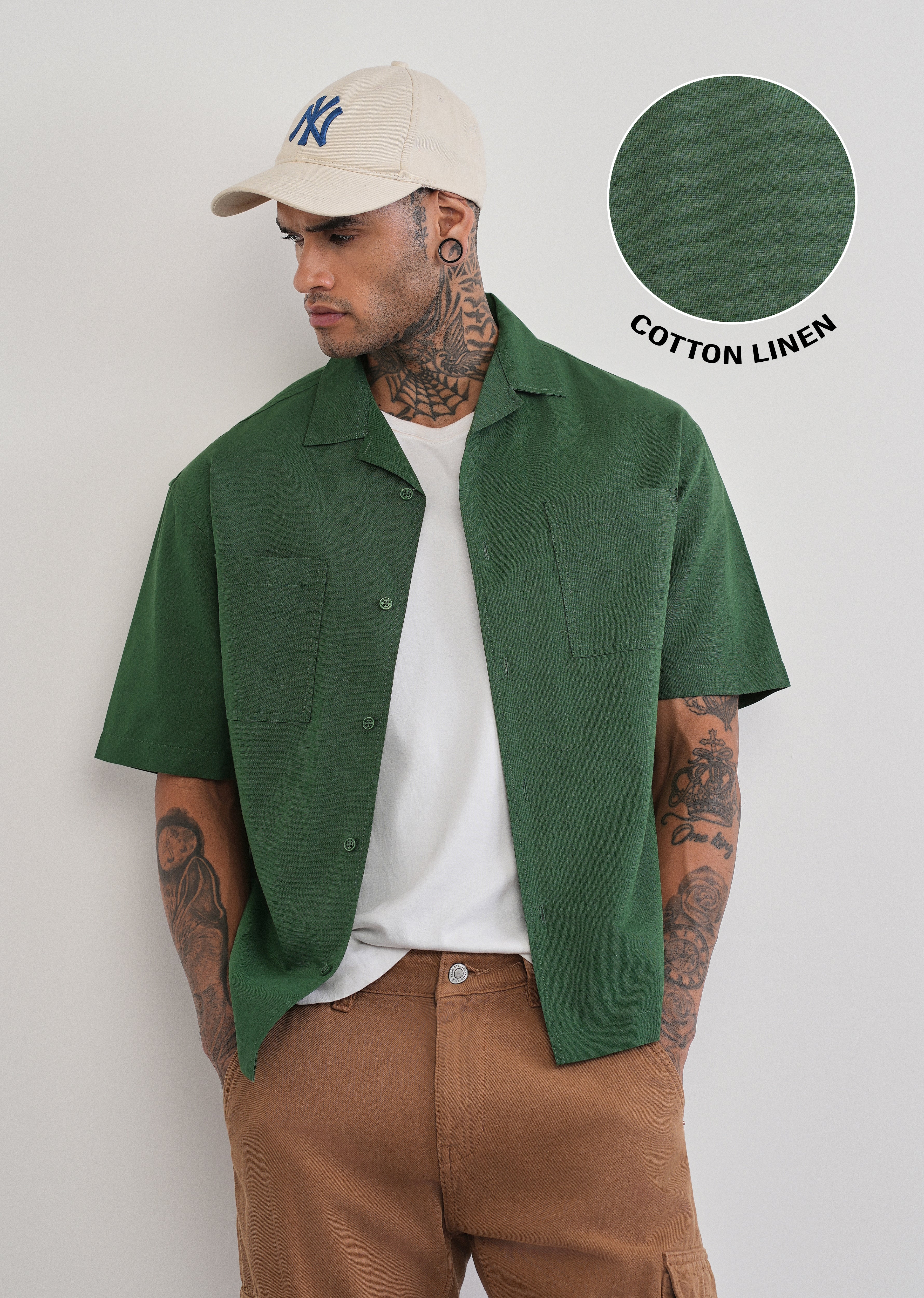 Green Double Pocket Cotton Linen Shirt