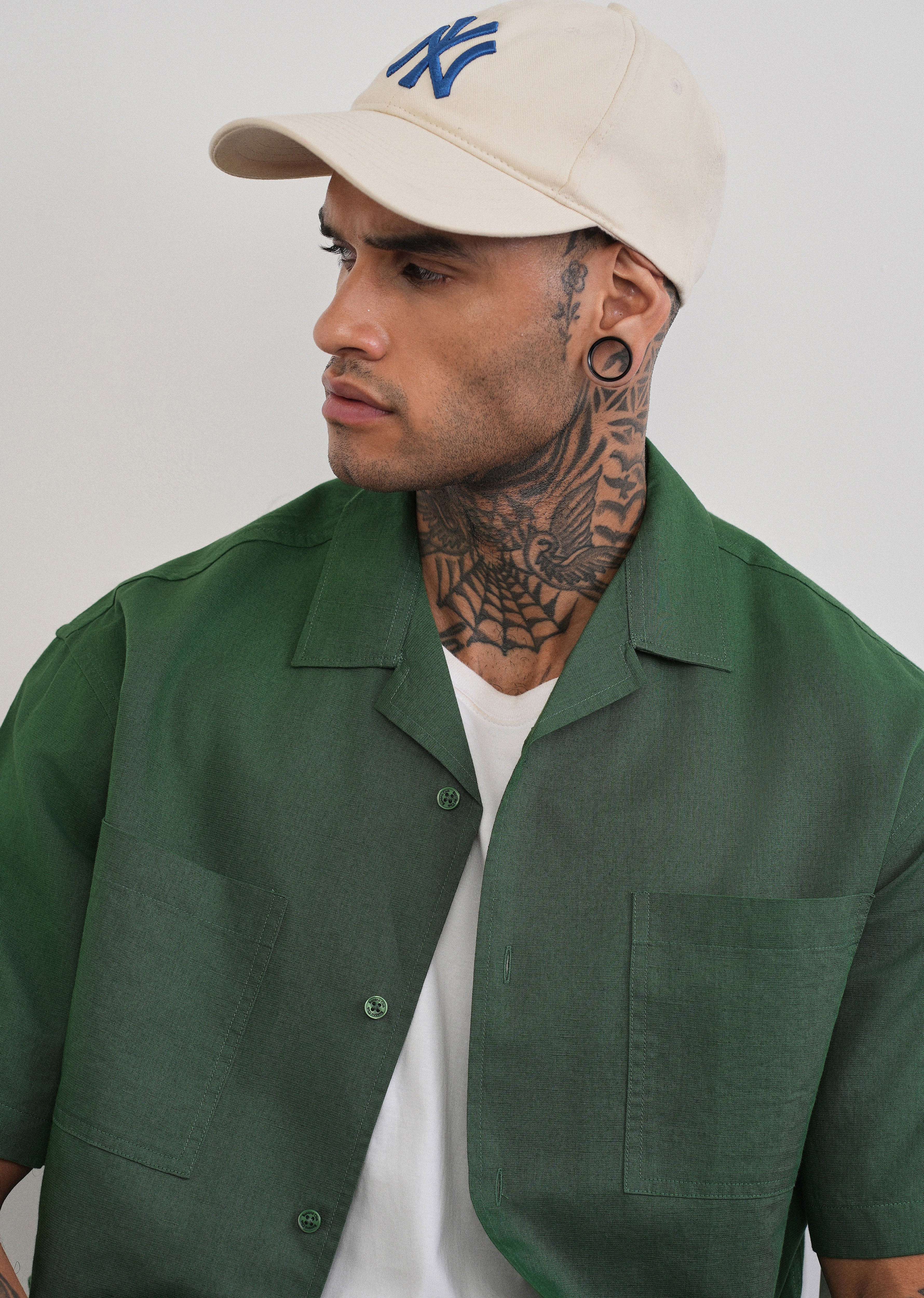 Green Double Pocket Cotton Linen Shirt