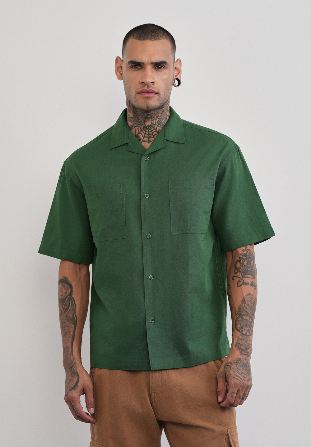 Green Double Pocket Cotton Linen Shirt