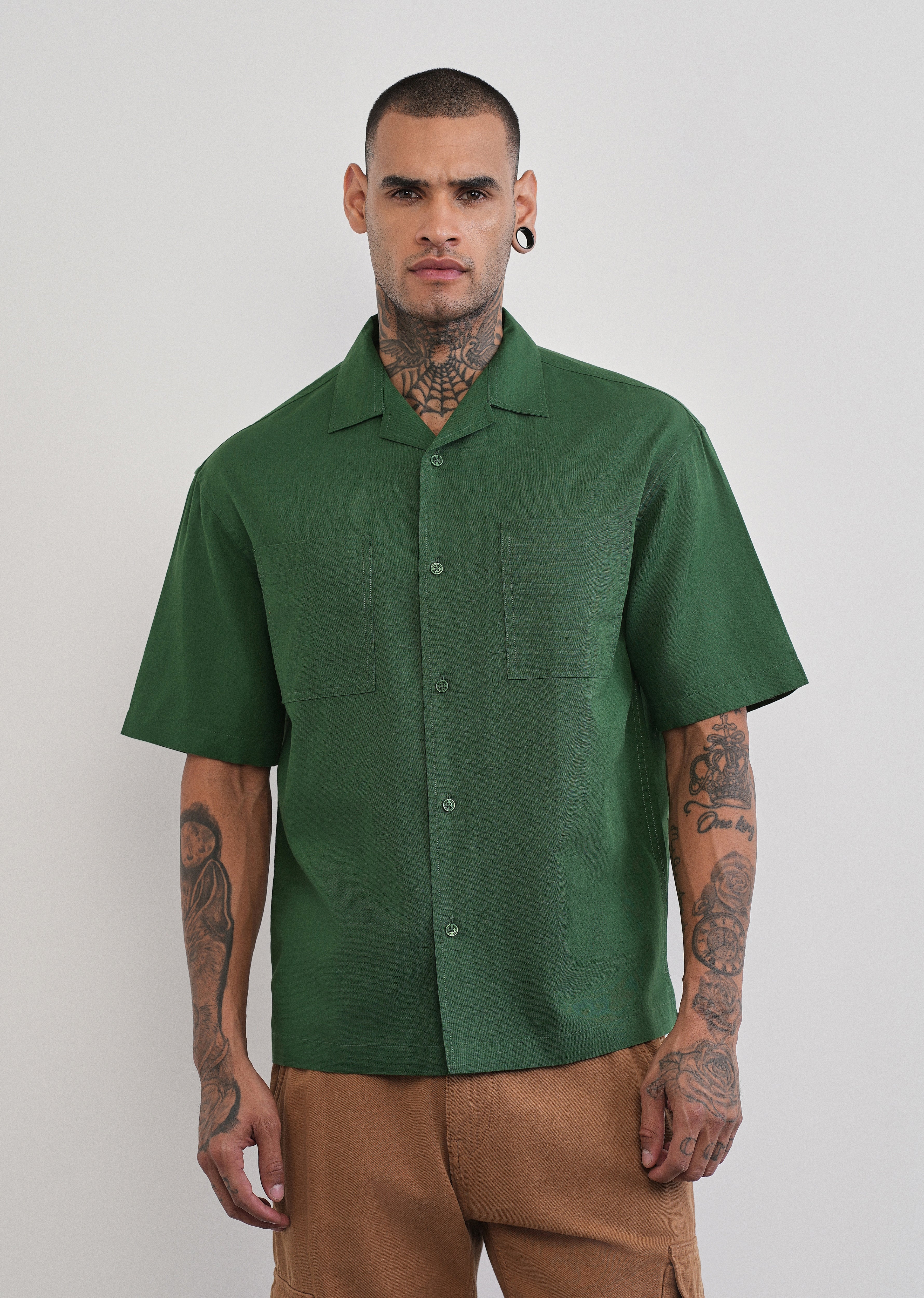 Green Double Pocket Cotton Linen Shirt