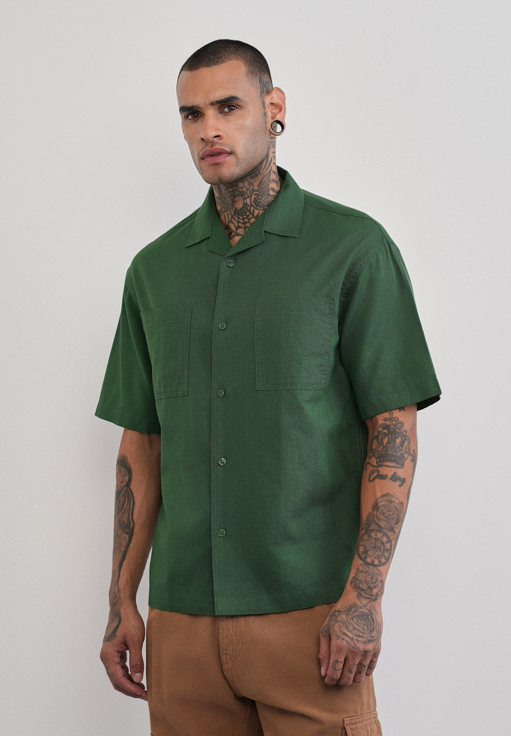 Green Double Pocket Cotton Linen Shirt