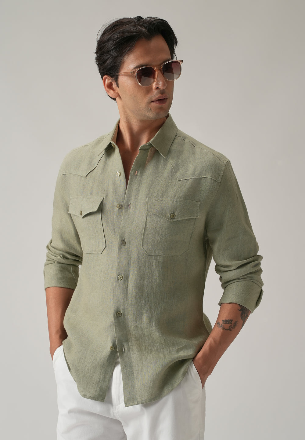 Green Double Pocket 100% Pure Irish Linen Shirt