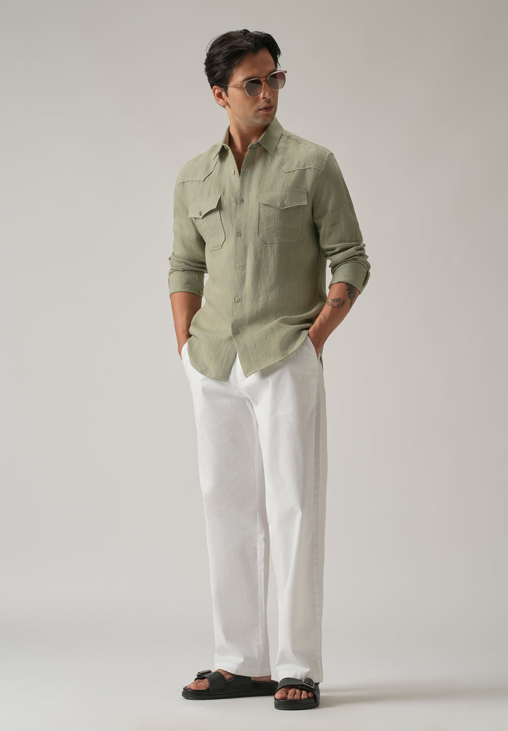 Green Double Pocket 100% Pure Irish Linen Shirt