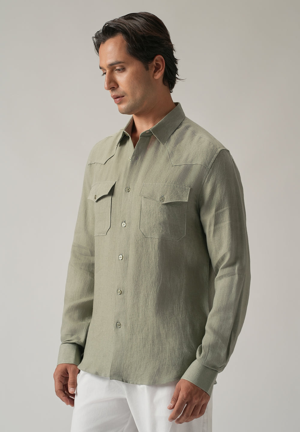 Green Double Pocket 100% Pure Irish Linen Shirt
