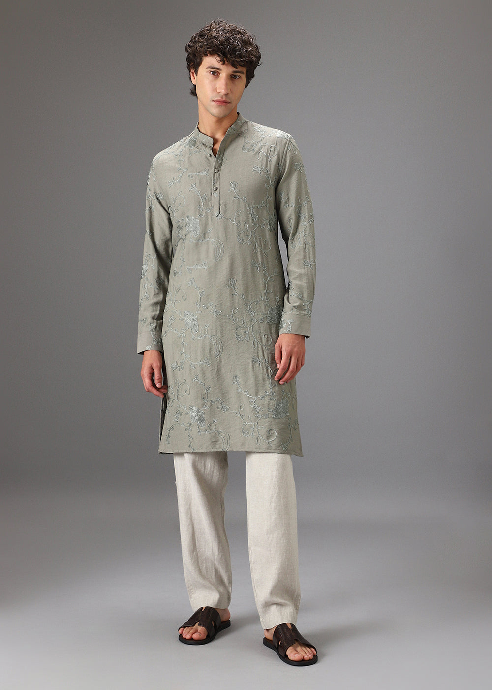 Green Self Thread Embroidered Kurta