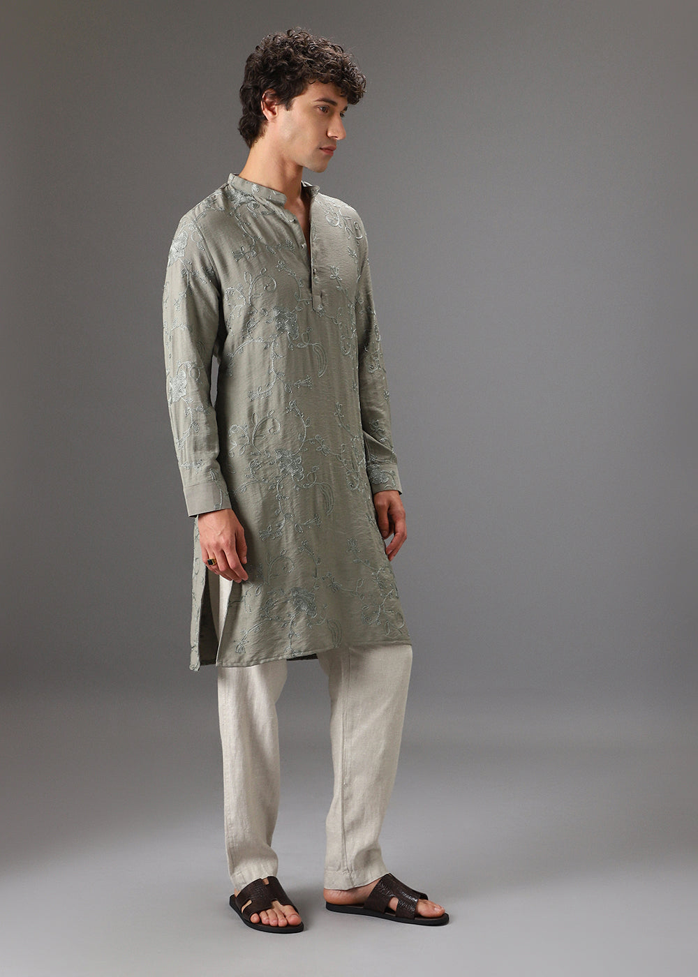 Green Self Thread Embroidered Kurta