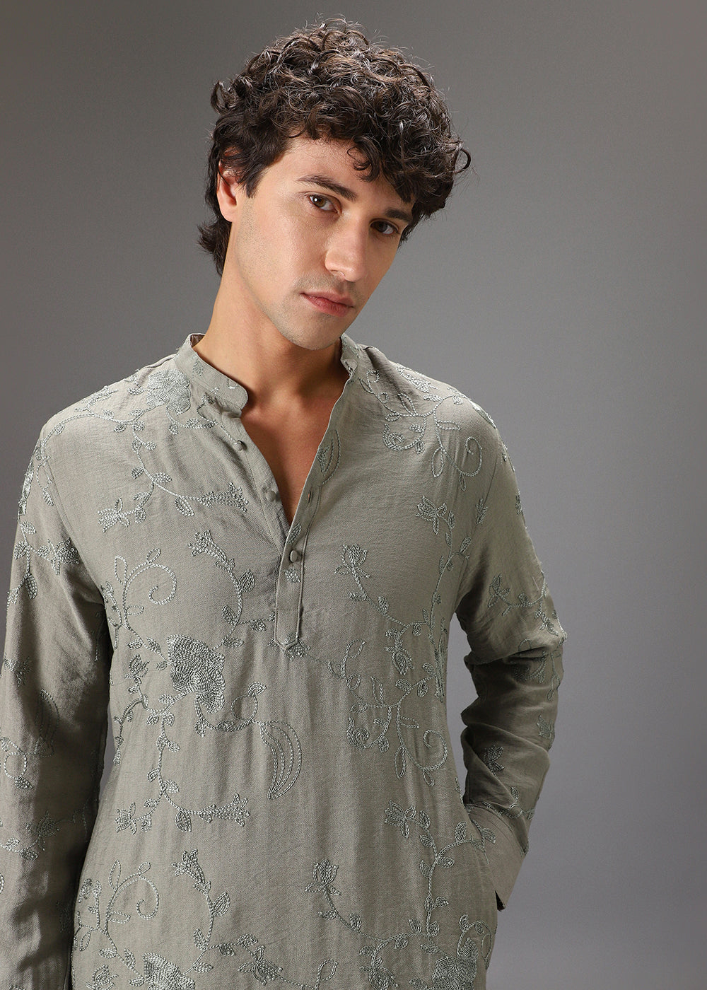 Green Self Thread Embroidered Kurta