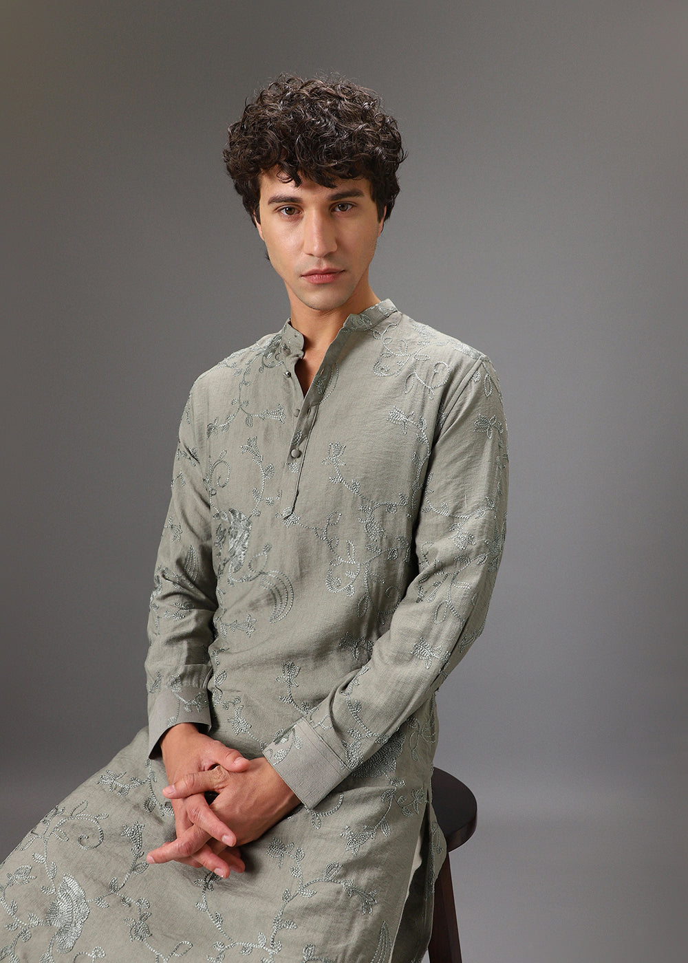 Green Self Thread Embroidered Kurta