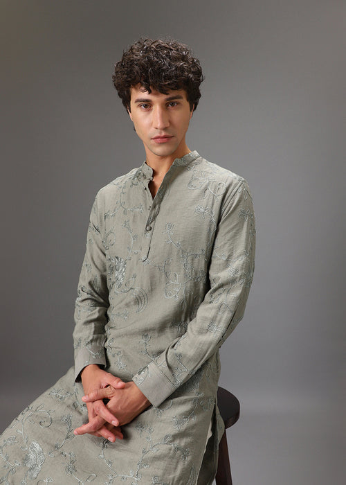 Green Self Thread Embroidered Kurta