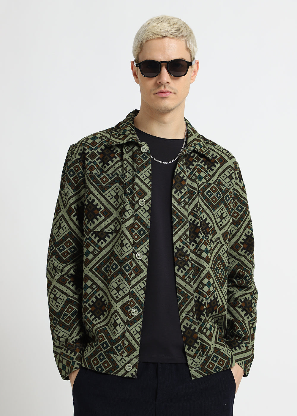 Green Geometric Print Summer Jacket