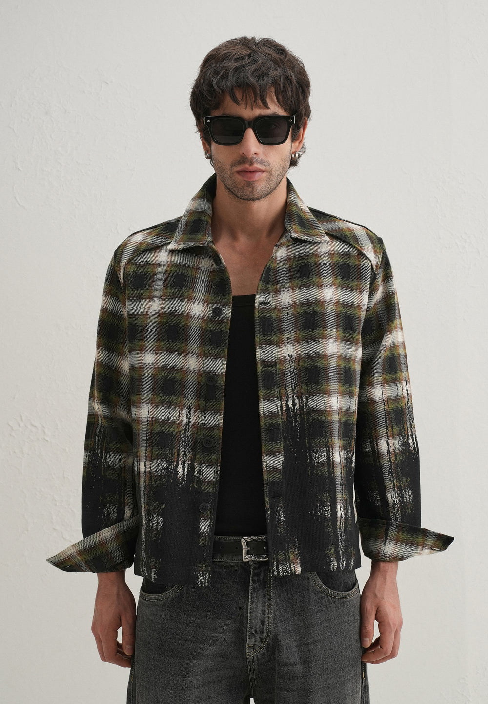 Green Gradient Grunge Check Shacket