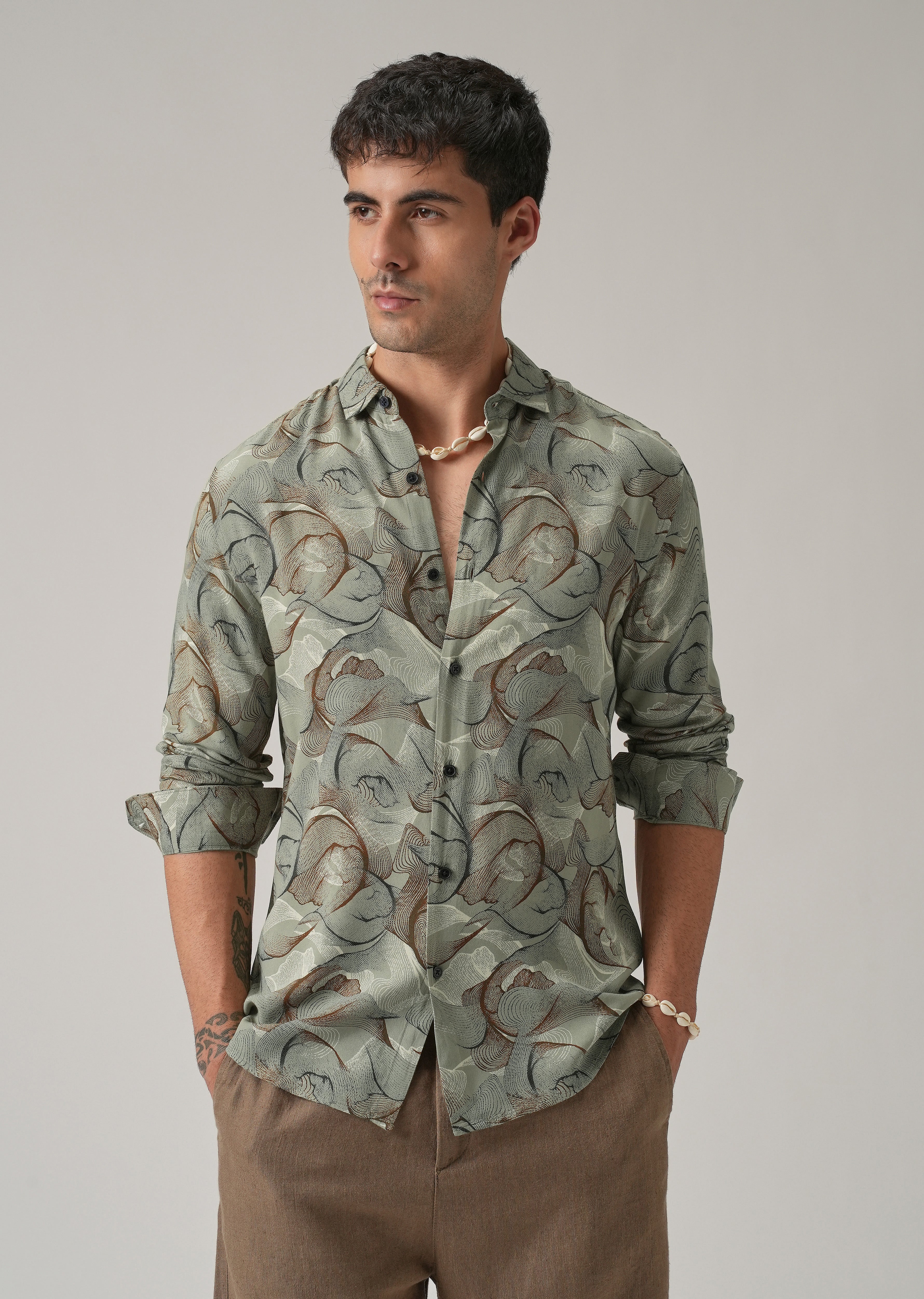 Green Grey Lines Print Feather Shirt