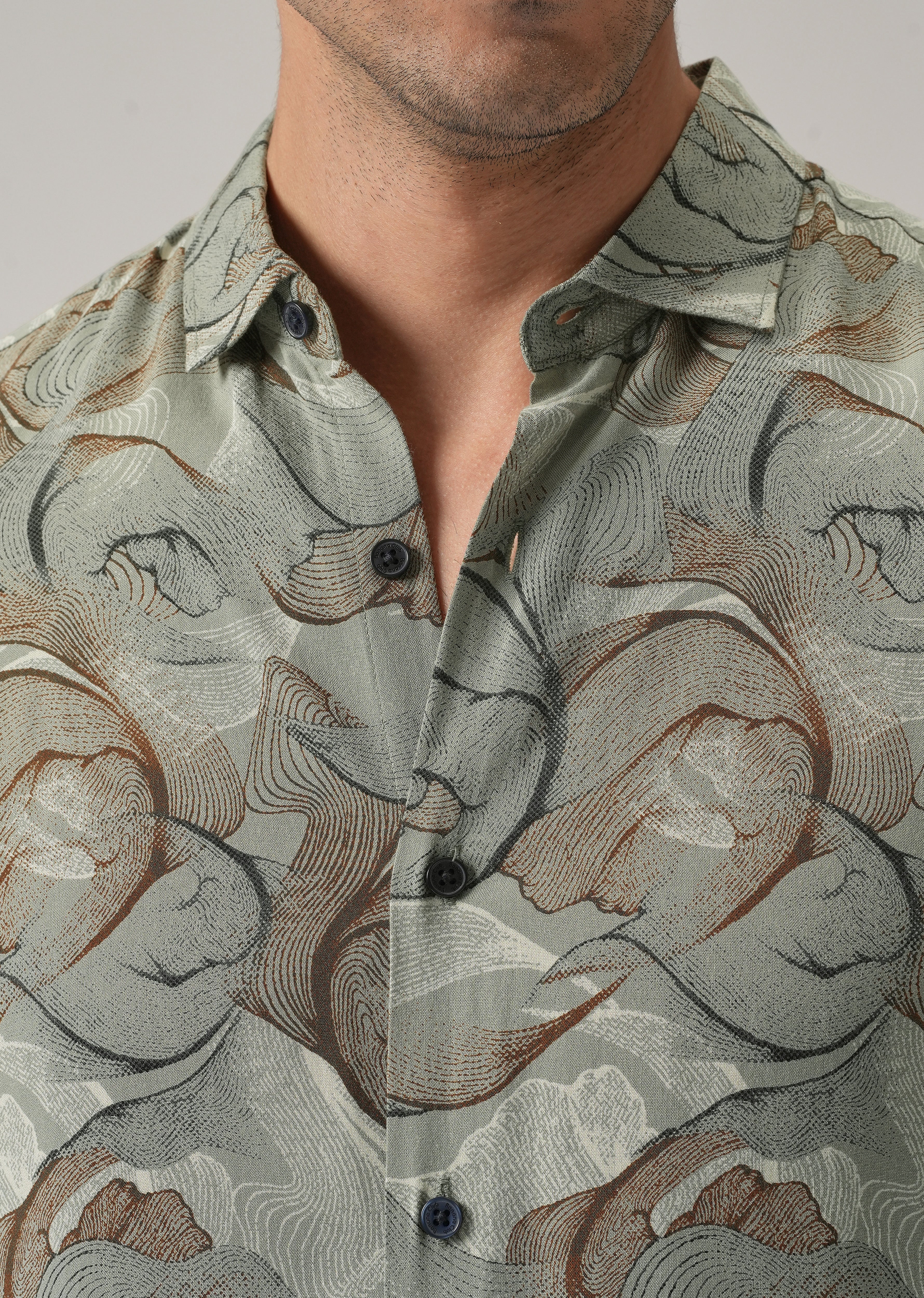 Green Grey Lines Print Feather Shirt