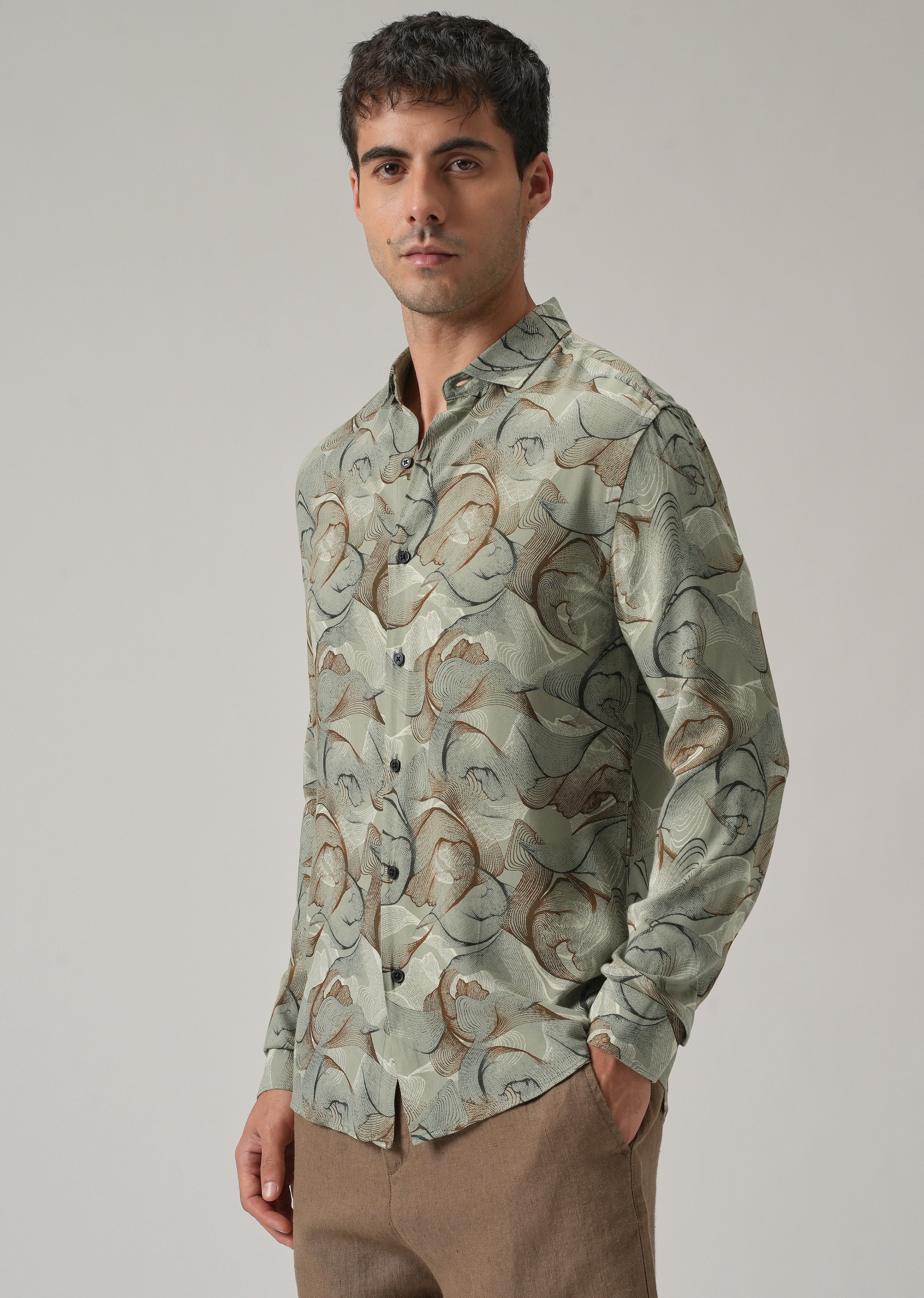 Green Grey Lines Print Feather Shirt