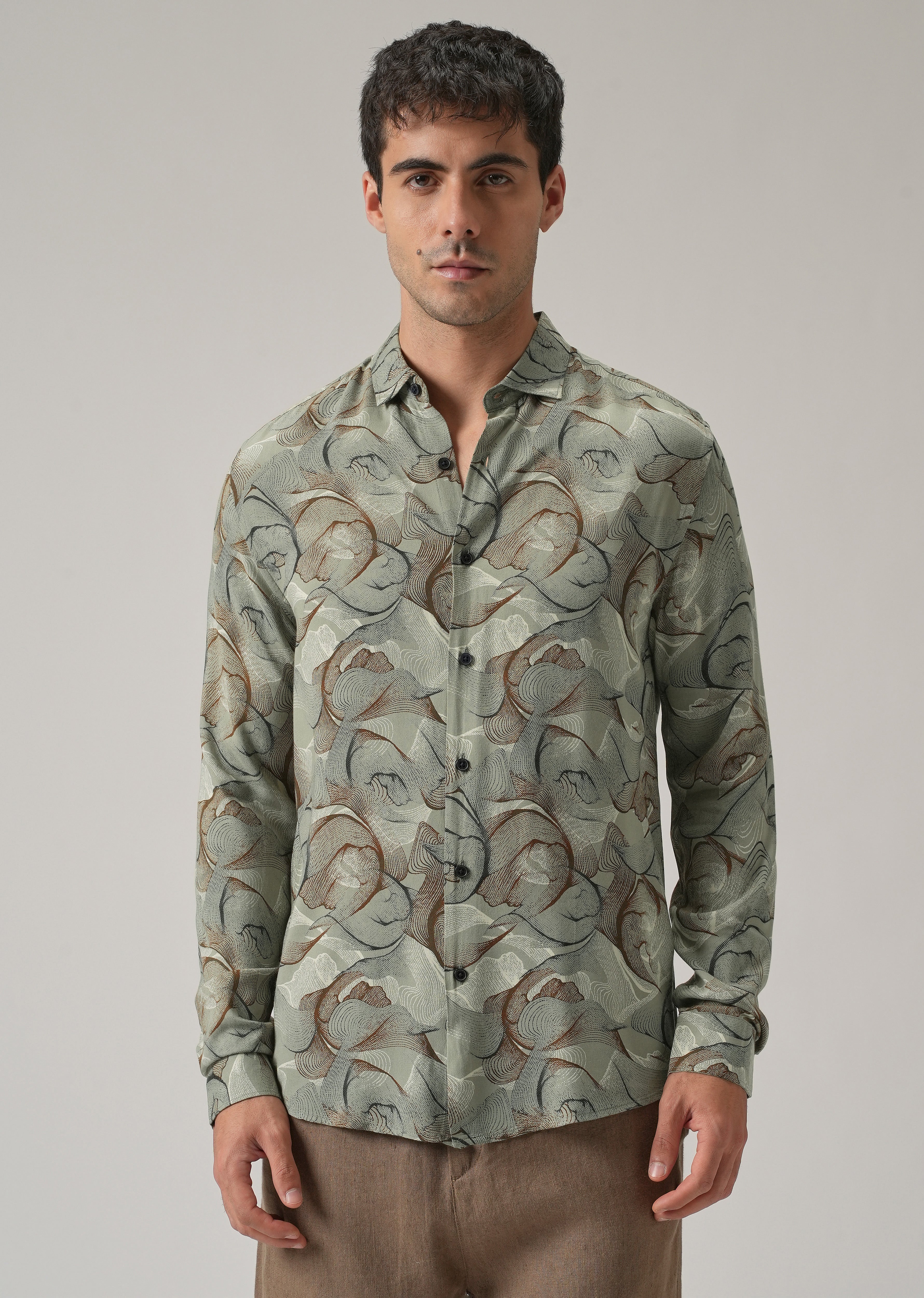 Green Grey Lines Print Feather Shirt