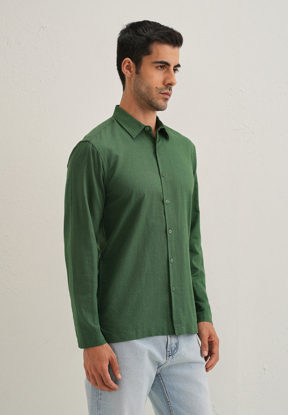 Green Hidden Sleeve Placket Cotton Linen Shirt