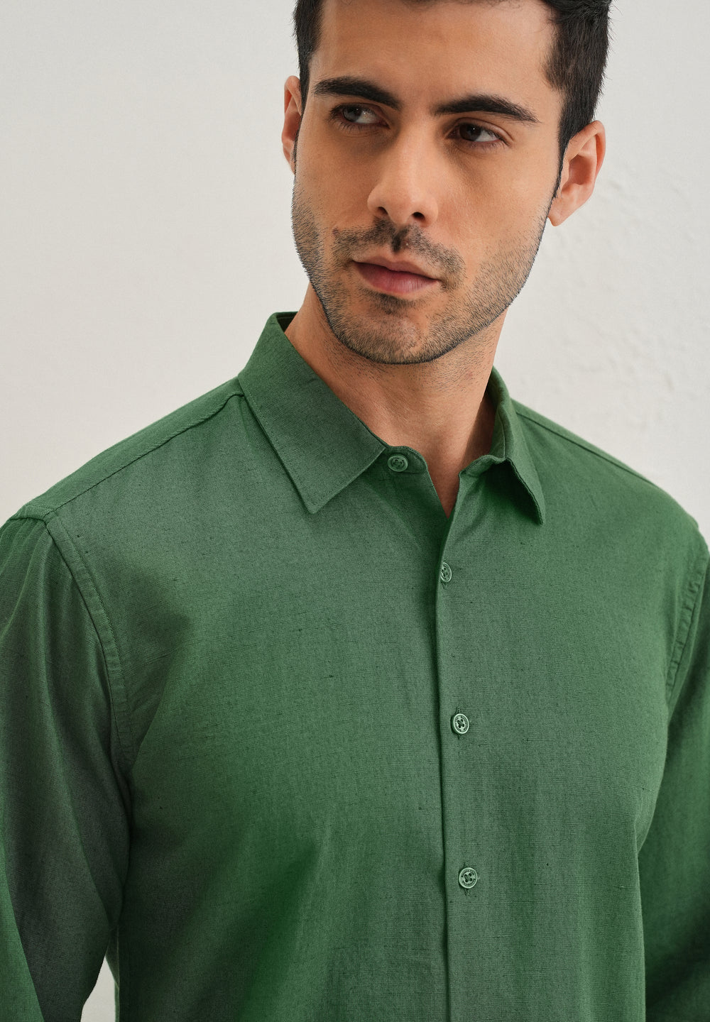Green Hidden Sleeve Placket Cotton Linen Shirt