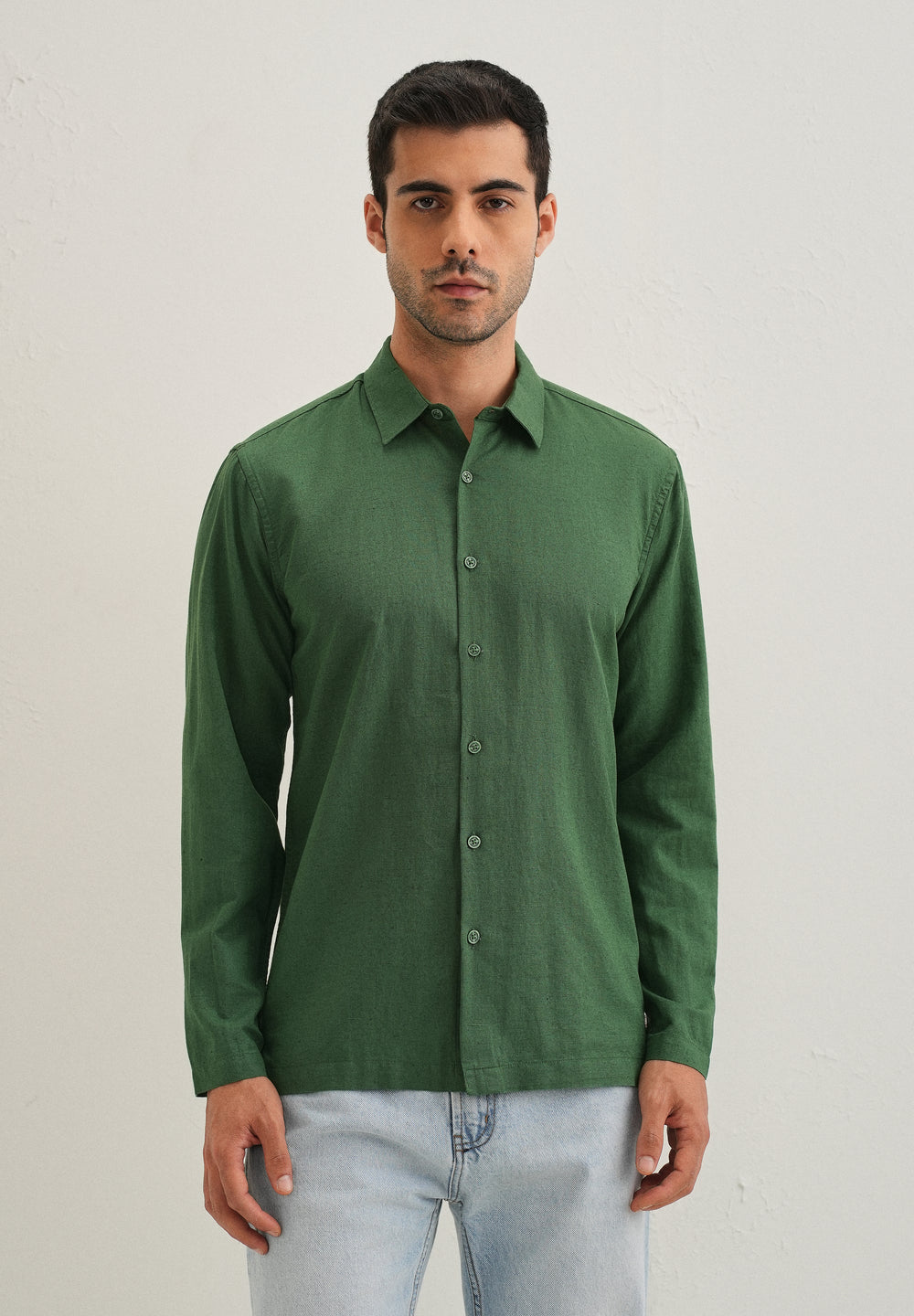 Green Hidden Sleeve Placket Cotton Linen Shirt